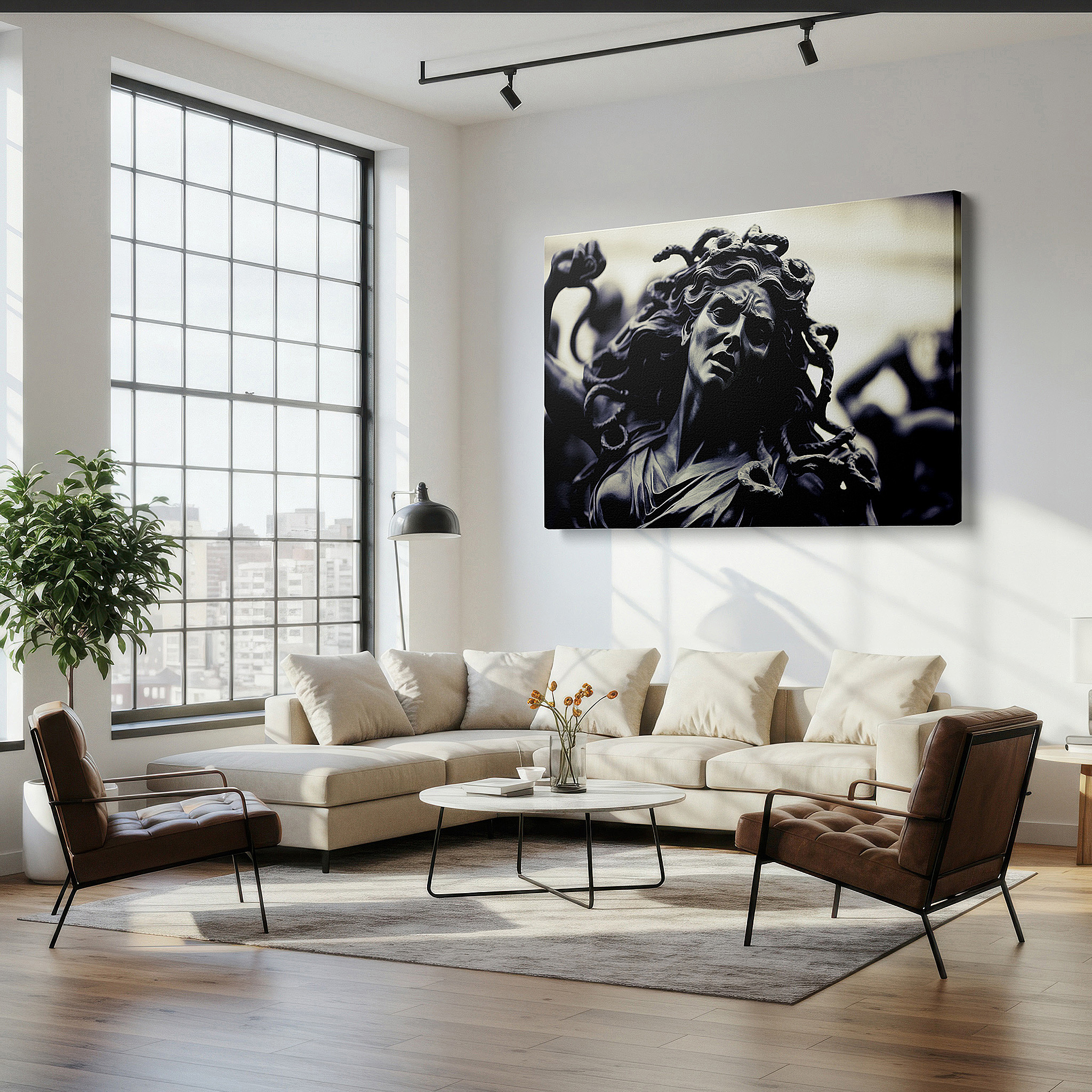 Hung in a cozy reading nook beside a floor lamp and bookshelf — medusa's tragic beauty wall art: a fusion of mythological splendor and emotional intensity - ideal for office, bedroom, and home decor