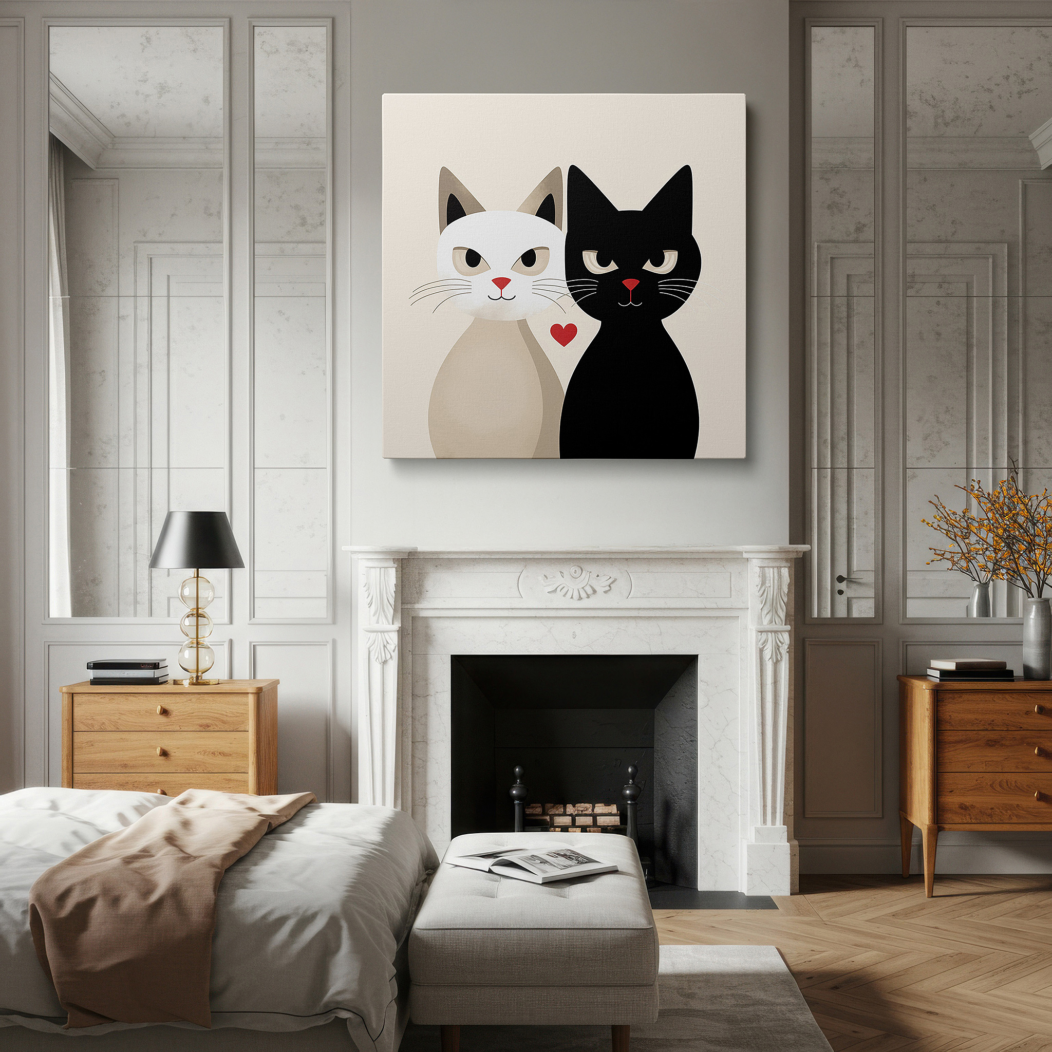 Hung in a cozy reading nook beside a floor lamp and bookshelf — minimalist cat companionship large wall art: harmonious blend of contrasts, ideal for office, bedroom, and living room decor