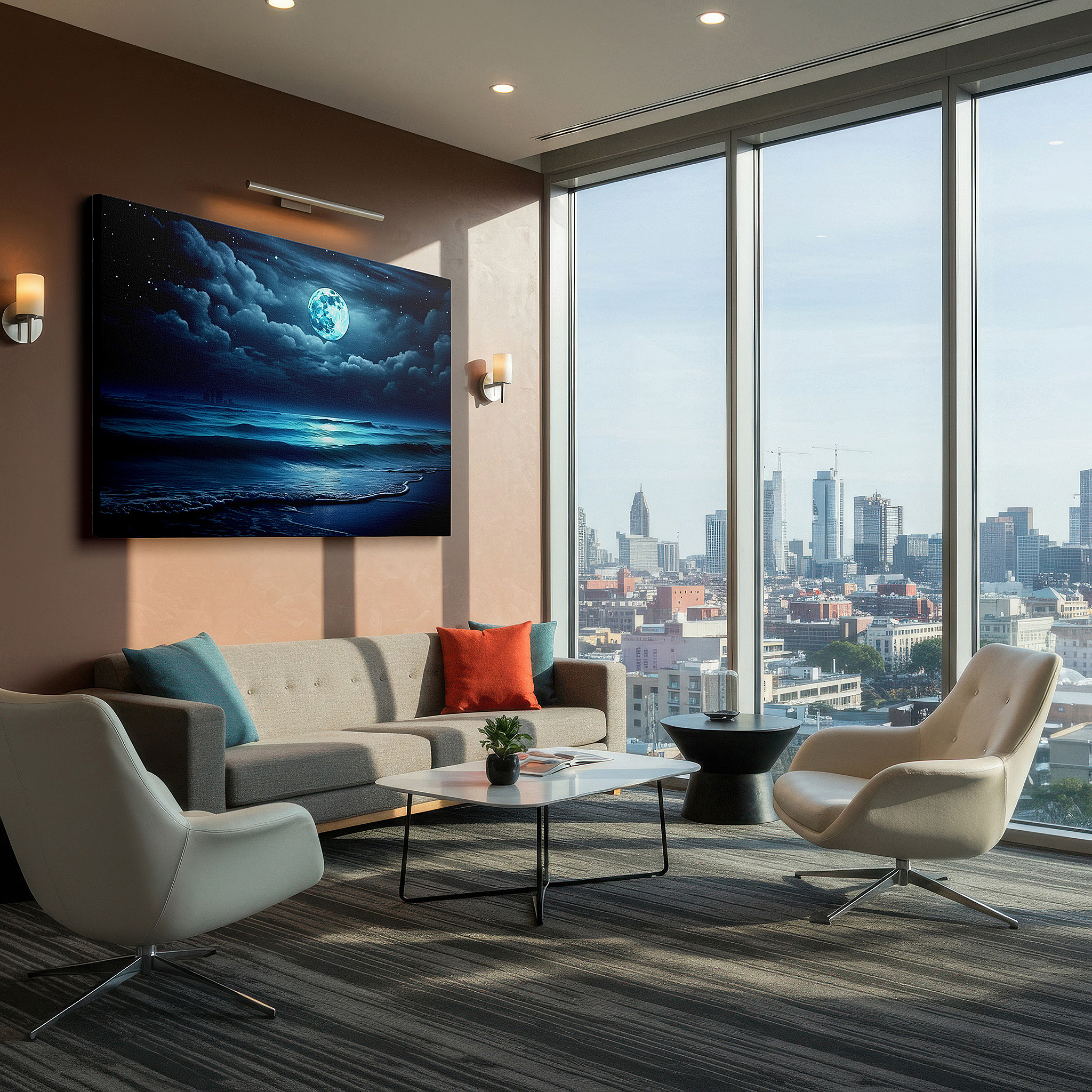 Hung in a cozy reading nook beside a floor lamp and bookshelf — moonlit seascape: serene glow of a tranquil ocean under starry skies - large canvas wall art for office and bedroom decor