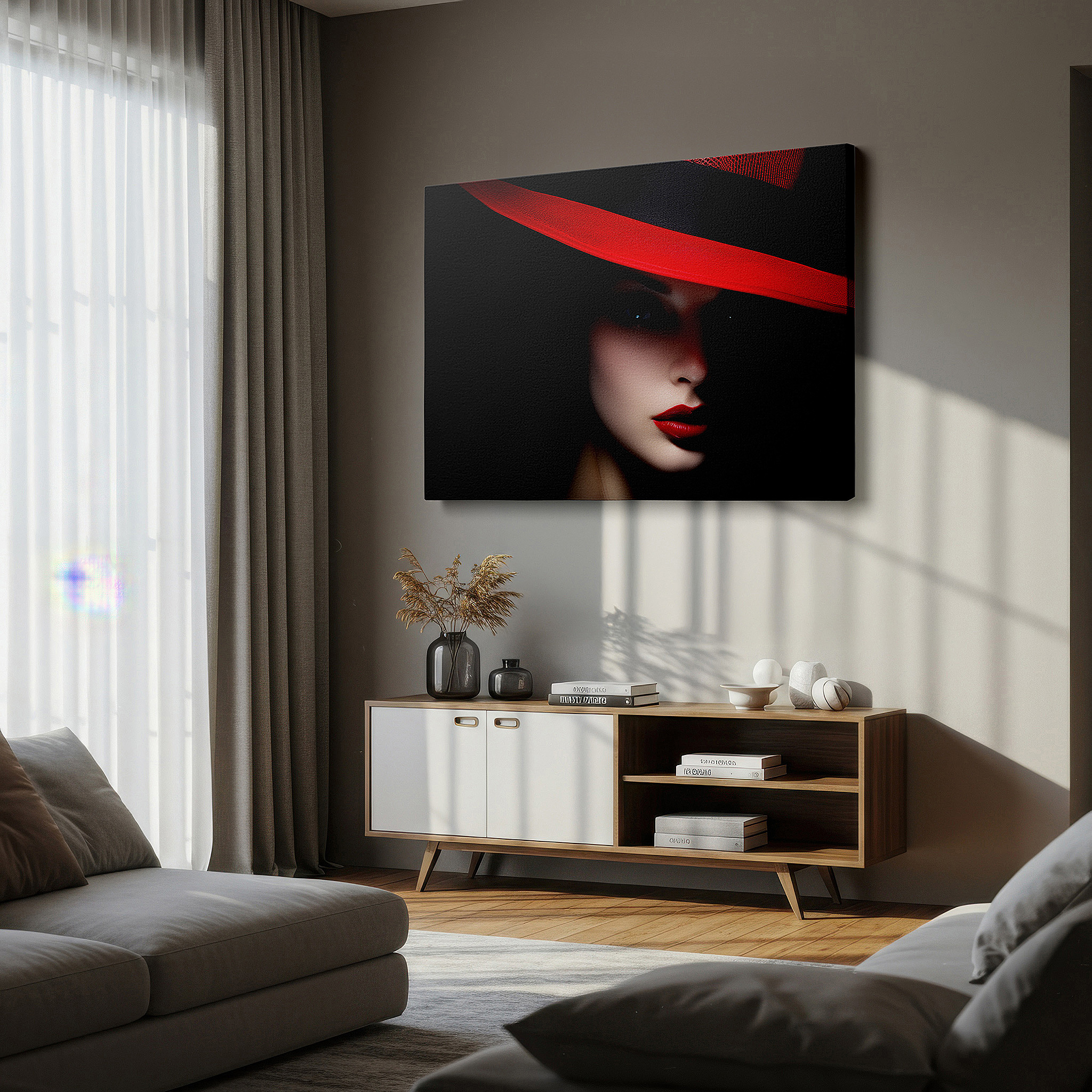 Hung in a cozy reading nook beside a floor lamp and bookshelf — mysterious and alluring portrait with bold red hat and vivid lips - large canvas wall art for office and bedroom decor