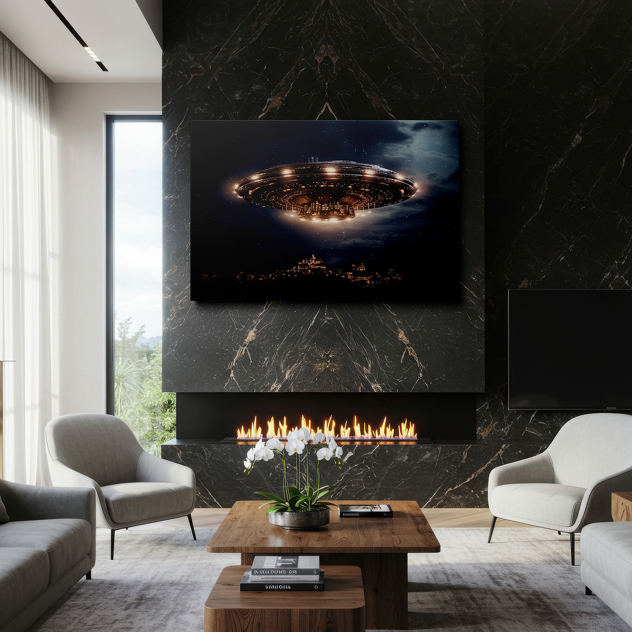 Hung in a cozy reading nook beside a floor lamp and bookshelf — mysterious ufo hovers above city surrounded by mountains, emitting a magical radiance - large wall art, canvas wall art, wall decor for office and bedroom