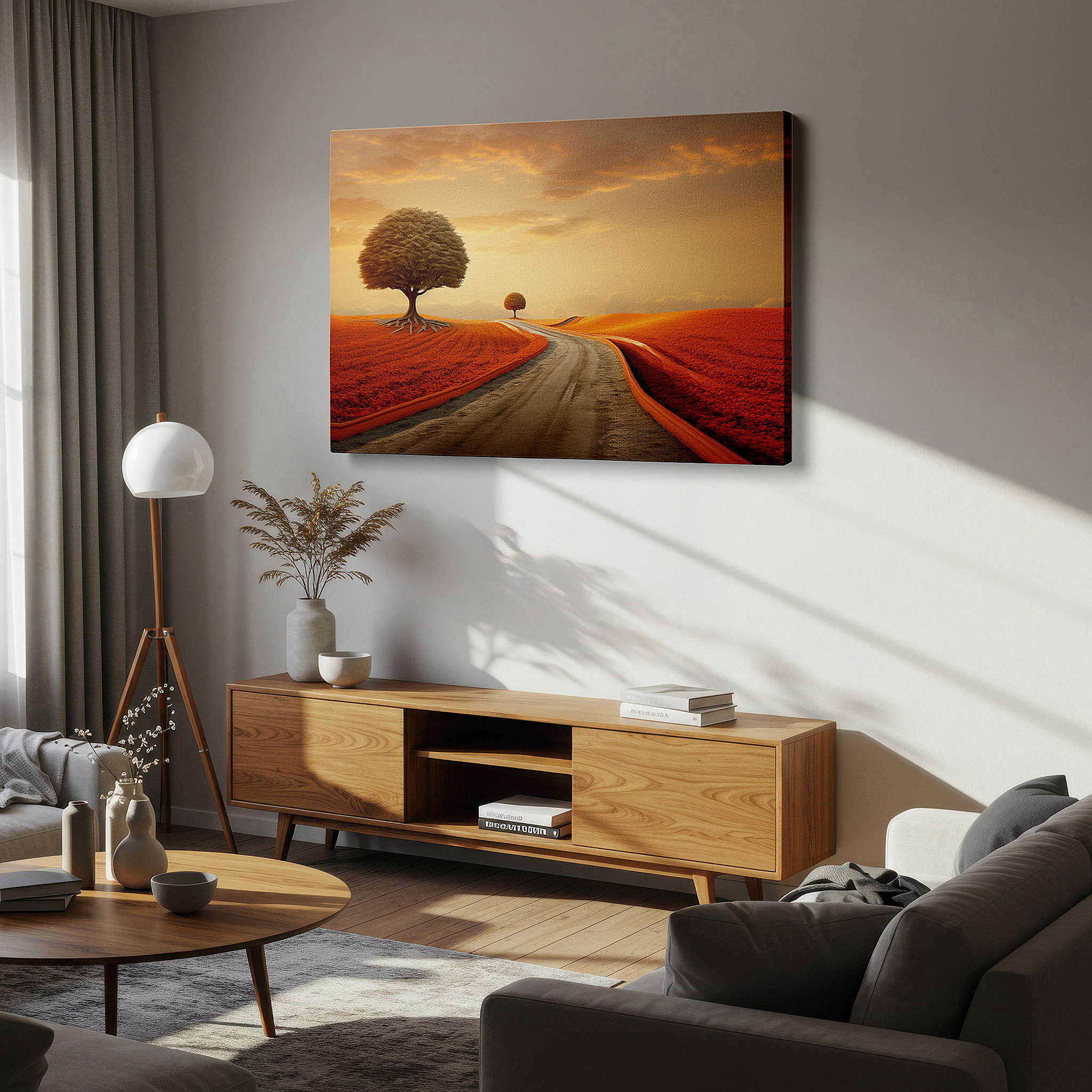 Hung in a cozy reading nook beside a floor lamp and bookshelf — nature's palette journey - sunset glow on a winding road large canvas wall art for home and office decor