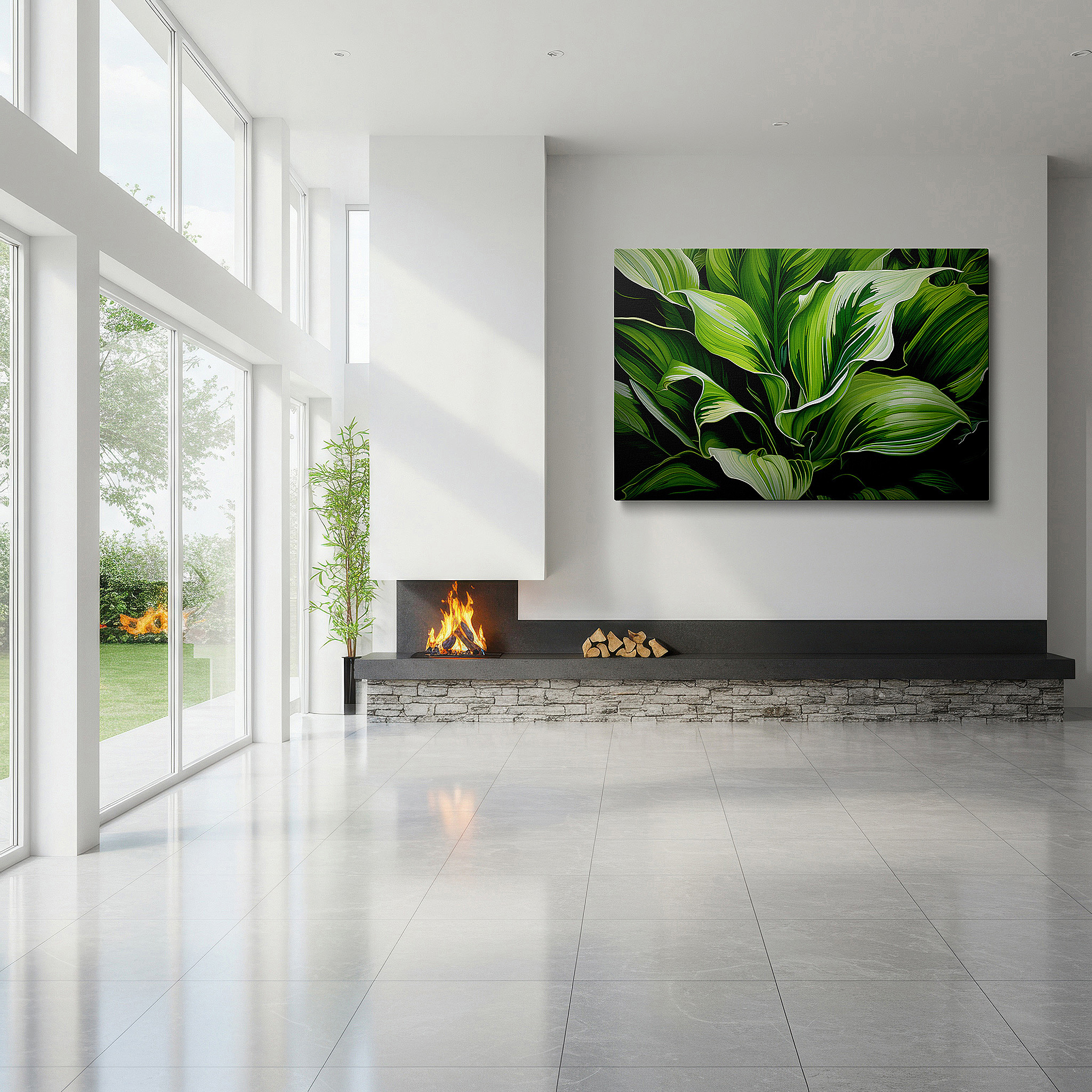 Hung in a cozy reading nook beside a floor lamp and bookshelf — nature's palette: vibrant greens and detailed textures in large canvas wall art for home and office decor