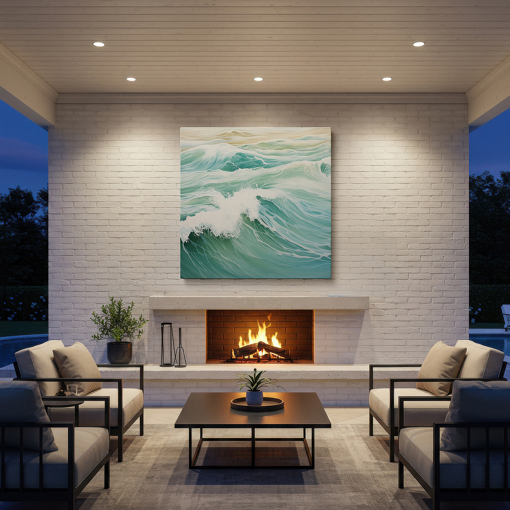 Hung in a cozy reading nook beside a floor lamp and bookshelf — ocean's embrace wall art: dynamic aqua waves and sunlit crests in brush strokes - large canvas wall art for office and bedroom decor