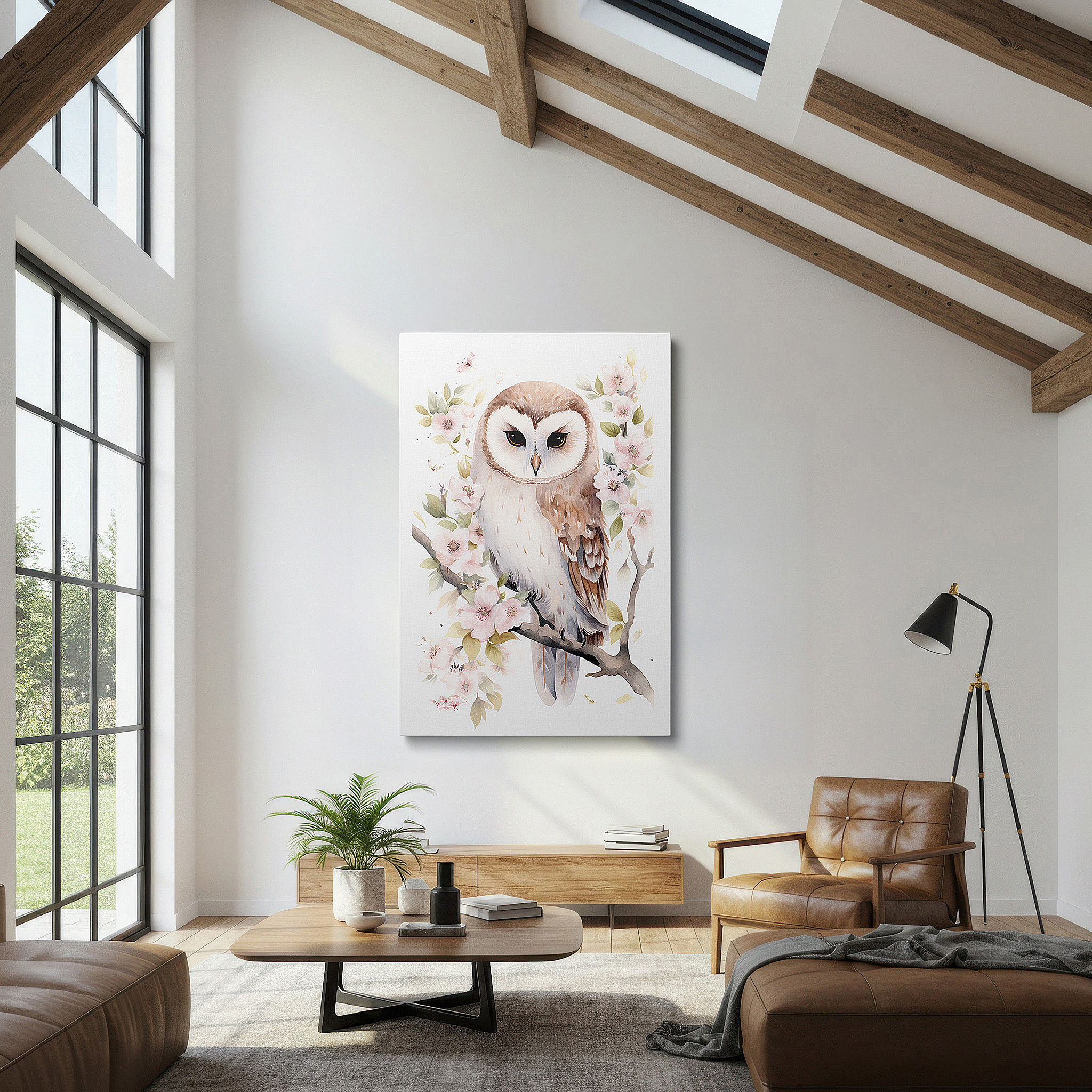 Hung in a cozy reading nook beside a floor lamp and bookshelf — owl's serene wisdom amid ethereal flowers: a harmonious display of nature's delicate balance - large canvas wall art