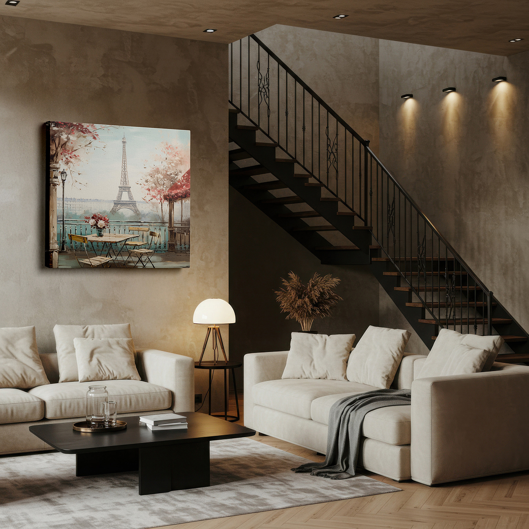 Hung in a cozy reading nook beside a floor lamp and bookshelf — parisian elegance wall art featuring a floral balcony and eiffel tower view, ideal for office, bedroom, and living room decor