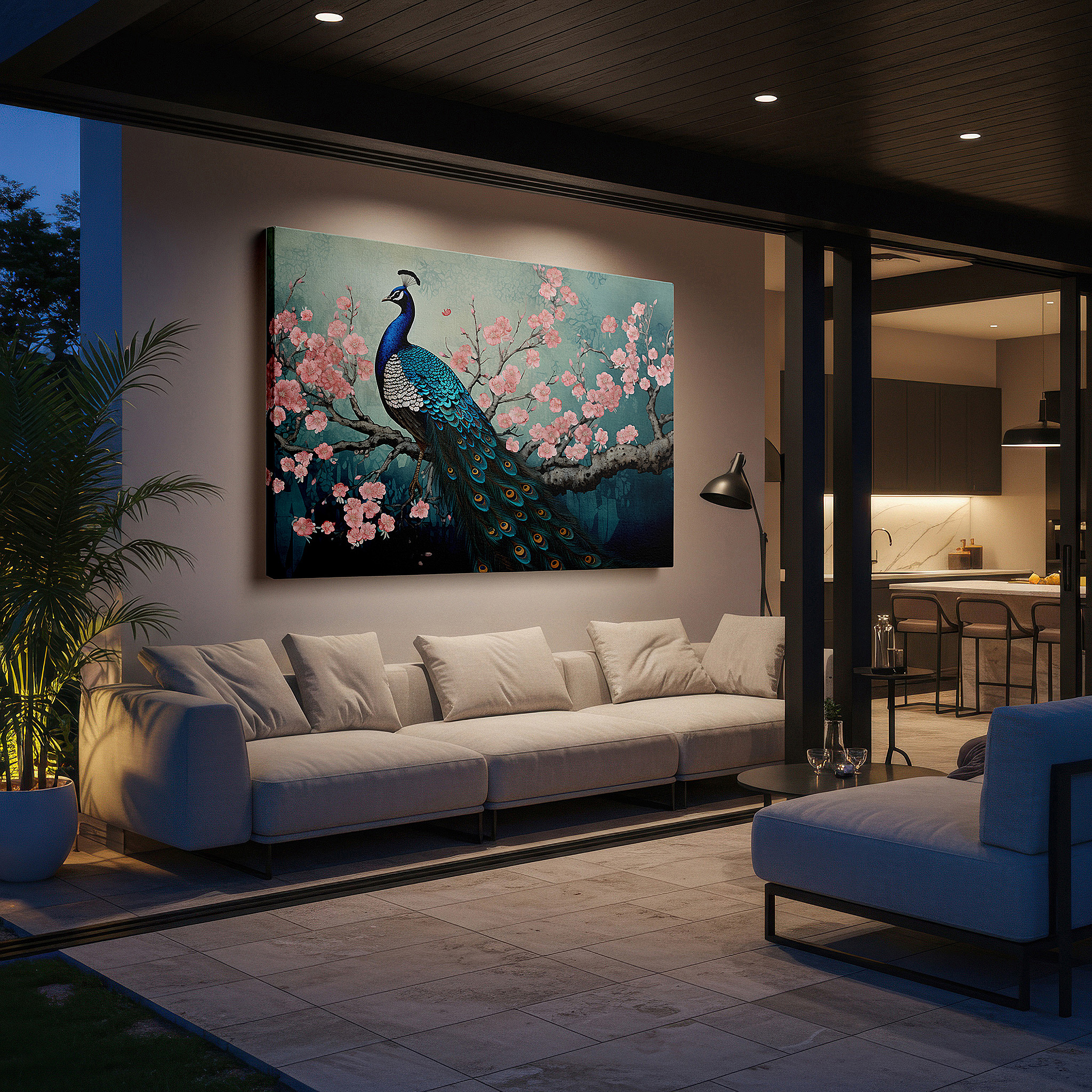 Hung in a cozy reading nook beside a floor lamp and bookshelf — peacock and cherry blossoms wall art: experience tranquility and elegance with this large canvas decor for offices and bedrooms