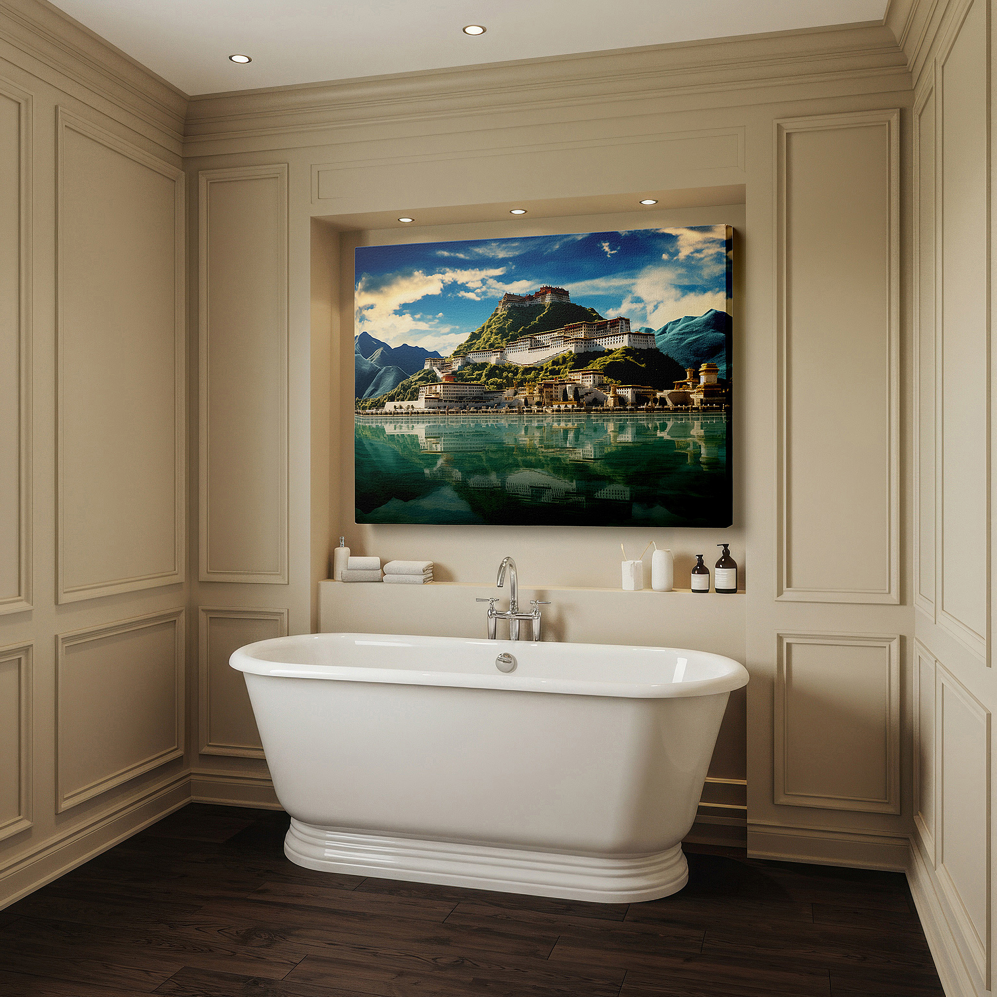 Hung in a cozy reading nook beside a floor lamp and bookshelf — potala palace: a majestic symbol of peace and spiritual strength, set against lush green mountains and blue skies - large canvas wall art decor