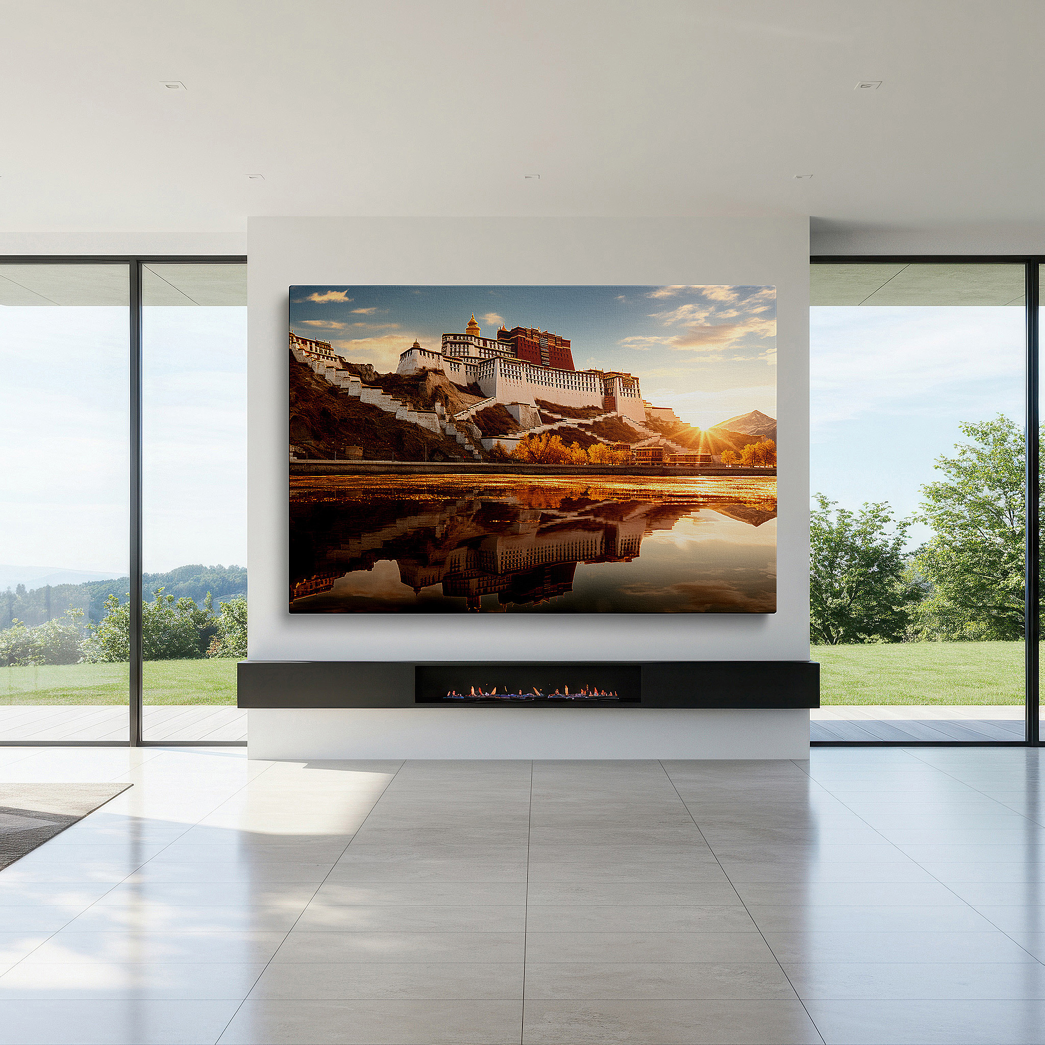 Hung in a cozy reading nook beside a floor lamp and bookshelf — potala palace sunrise - spiritual awakening in tibet's sacred landscape: large wall art, canvas, decor for office and bedroom