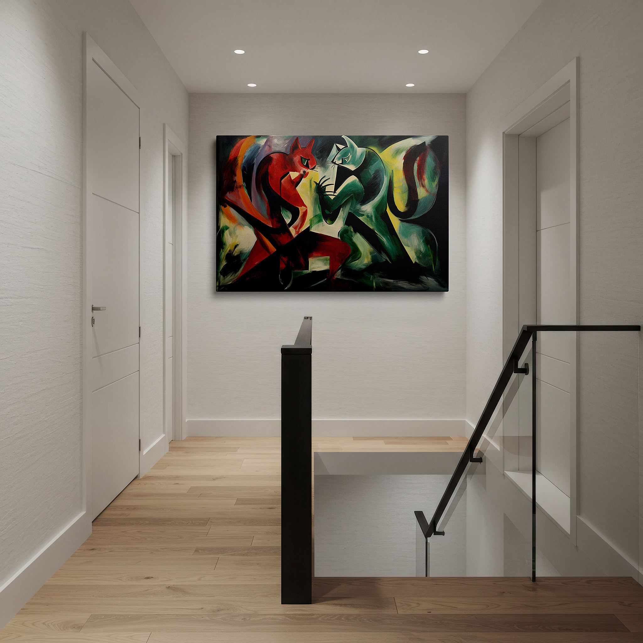 Hung in a cozy reading nook beside a floor lamp and bookshelf — red and green feline fury - vibrant abstract confrontation large wall art, canvas wall art, wall decor for office, bedroom, and living room