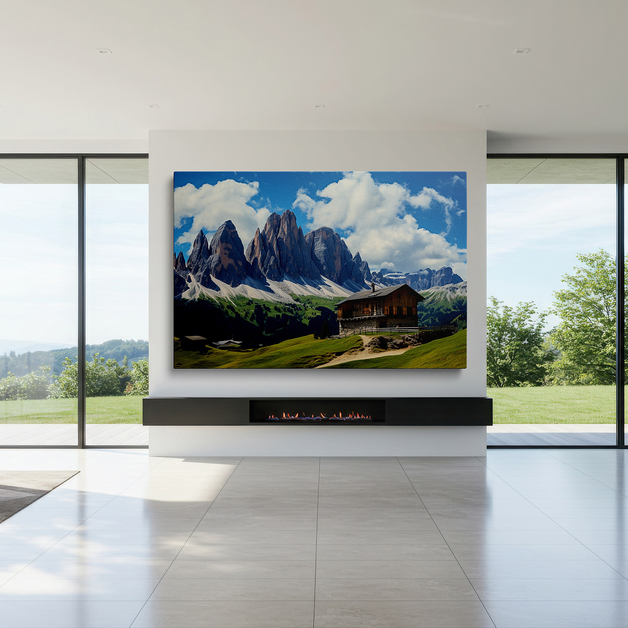 Hung in a cozy reading nook beside a floor lamp and bookshelf — rustic cabin surrounded by majestic mountains and verdant meadows: a peaceful retreat for quiet contemplation - large wall art, canvas wall art, wall decor for office