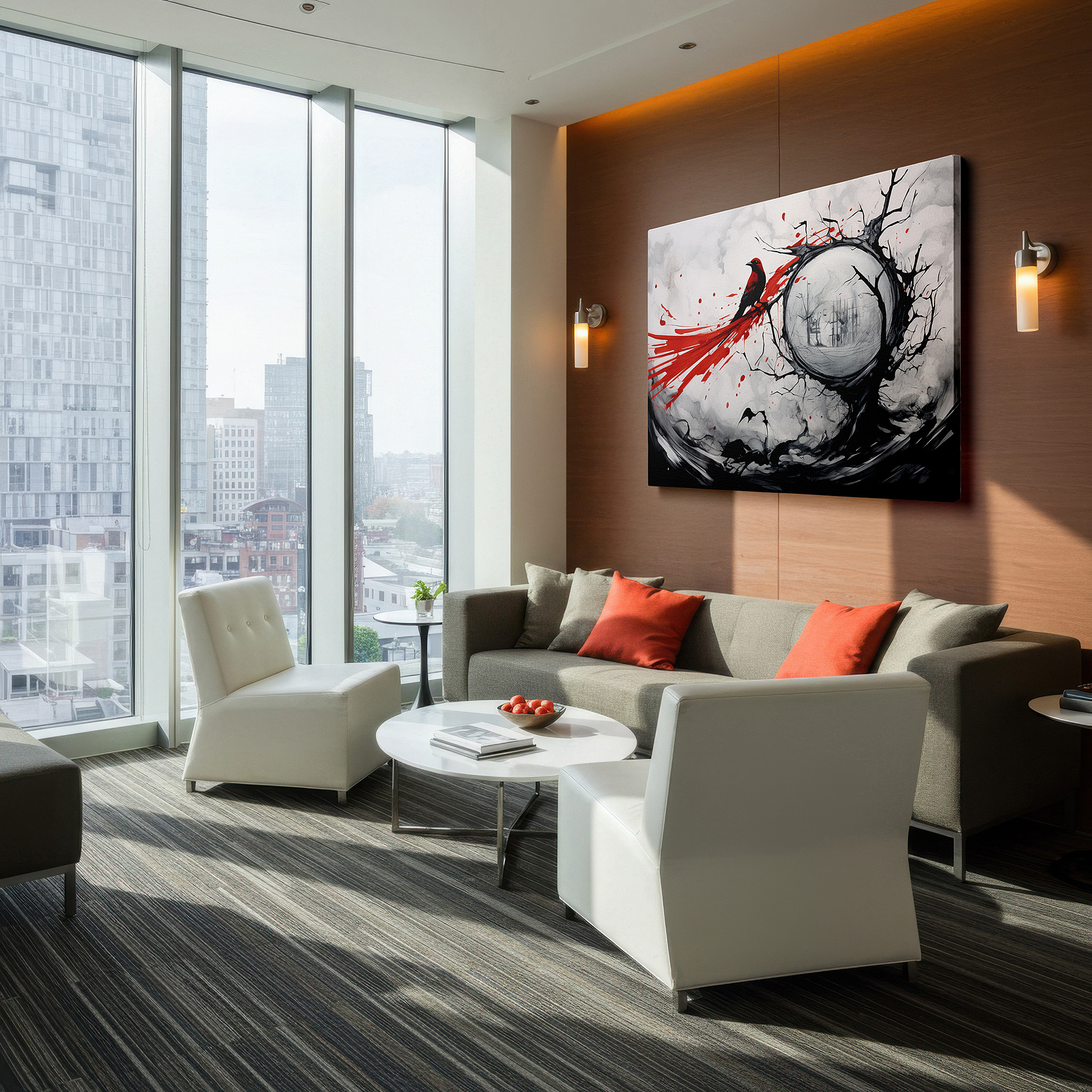 Hung in a cozy reading nook beside a floor lamp and bookshelf — the scarlet bird on a twisted black tree: a symbol of resilience and beauty amid surreal swirling clouds, large canvas wall art
