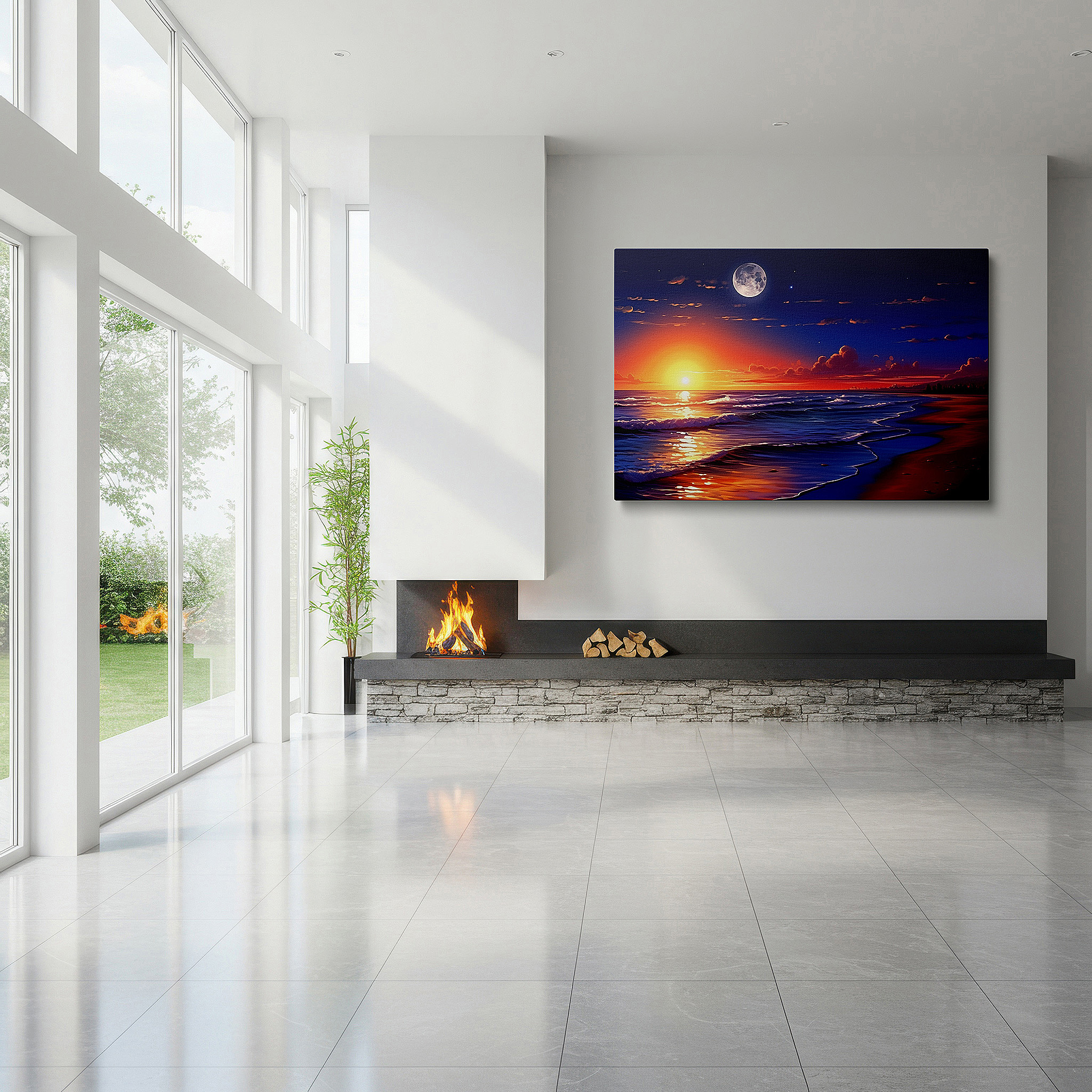 Hung in a cozy reading nook beside a floor lamp and bookshelf — serene beach sunset and glowing moon over ocean waves - large canvas wall art for office, bedroom, and living room decor