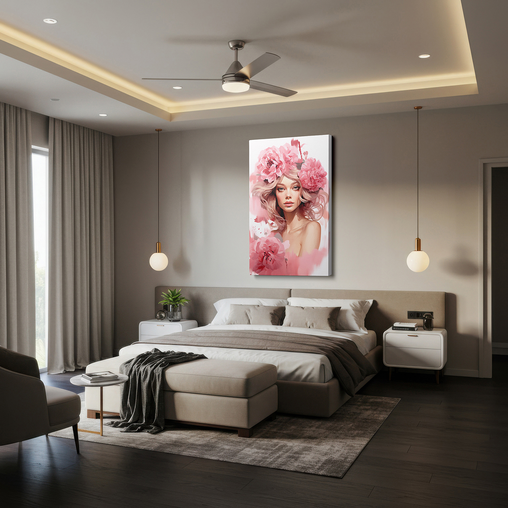 Hung in a cozy reading nook beside a floor lamp and bookshelf — serene beauty amidst a cascade of soft pink flowers large wall art, canvas wall art, wall art decor, office wall art, bedroom wall art, living room wall art