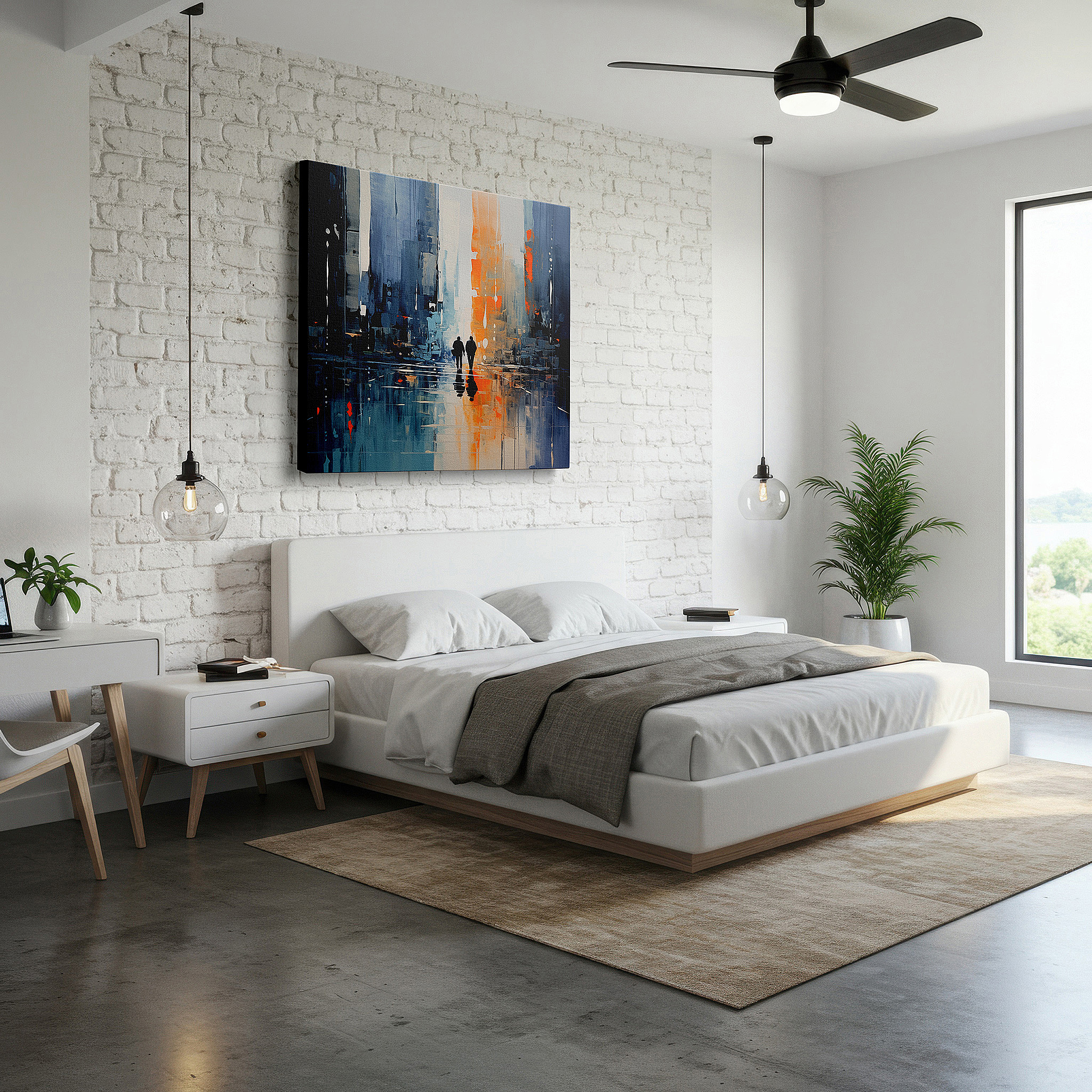 Hung in a cozy reading nook beside a floor lamp and bookshelf — serene companionship in the twilight glow amidst a busy cityscape: large wall art, canvas wall art, wall decor for office and bedroom