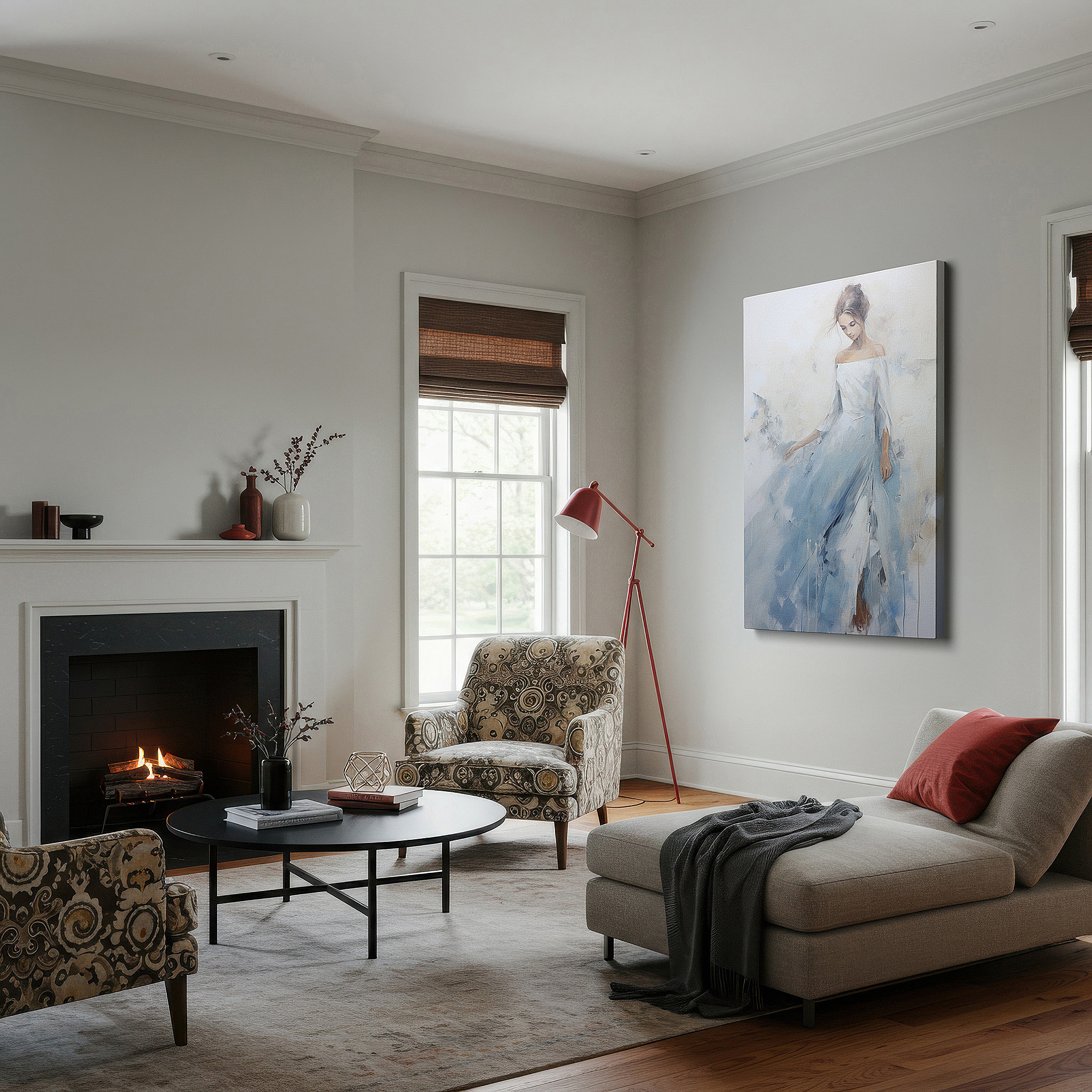 Hung in a cozy reading nook beside a floor lamp and bookshelf — serene ethereal woman in flowing gown large canvas wall art for office and bedroom decor