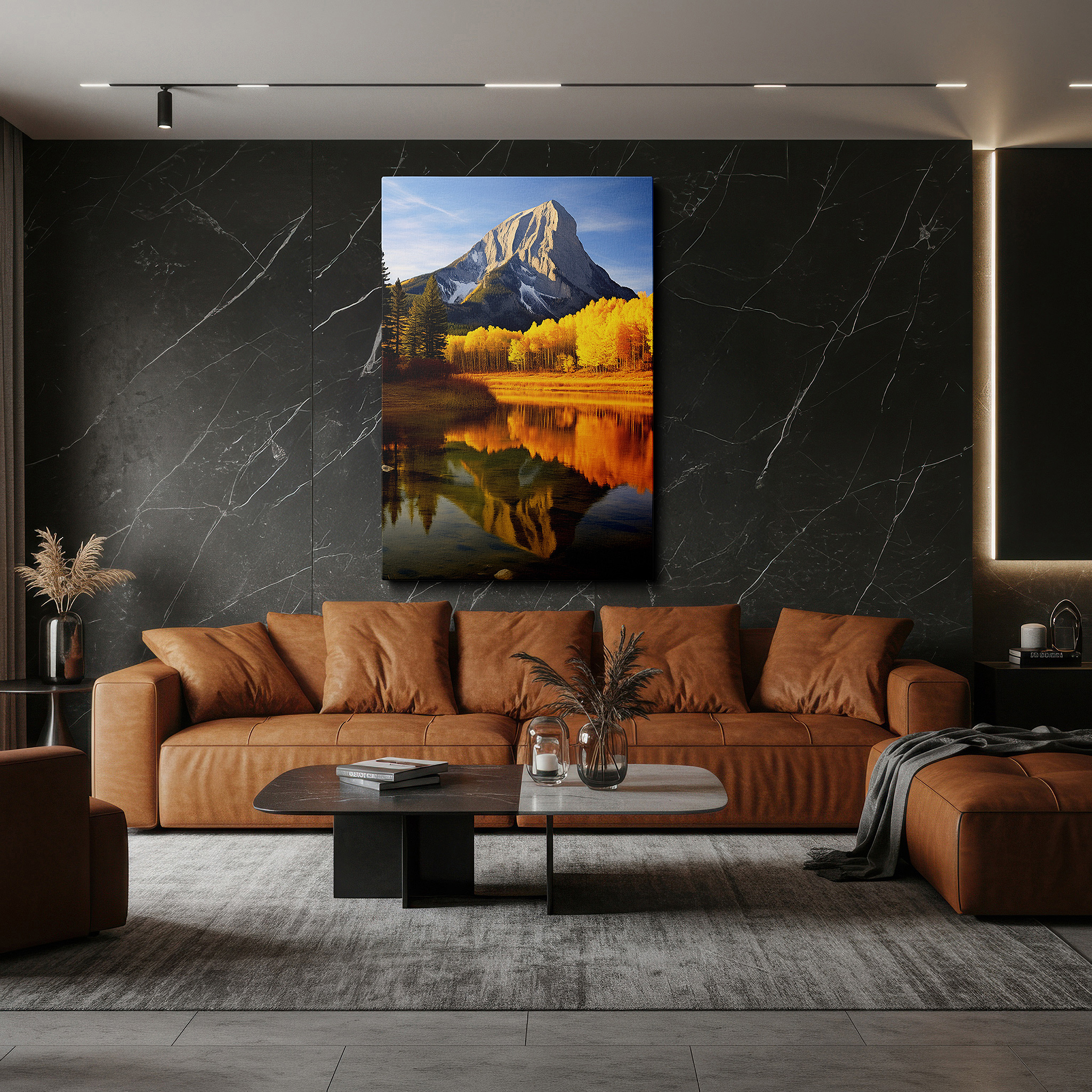 Hung in a cozy reading nook beside a floor lamp and bookshelf — serene lake and fall foliage reflections of mountain grandeur - oversized canvas wall art for home and office decor
