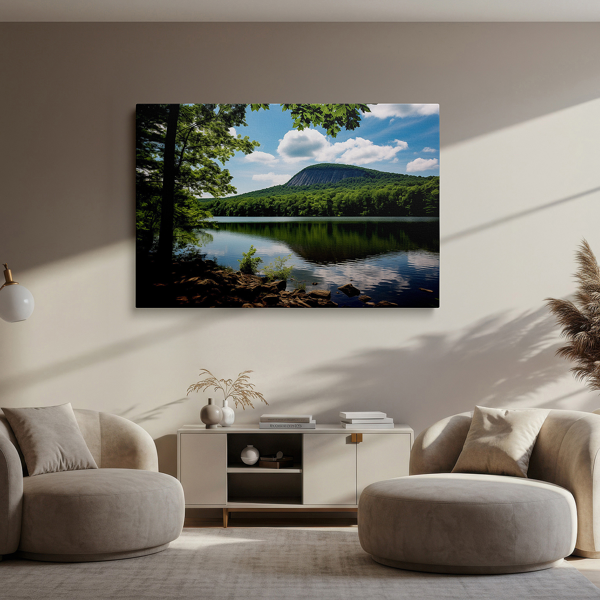 Hung in a cozy reading nook beside a floor lamp and bookshelf — serene lakeside landscape with majestic mountain reflections and lush forests large wall art, canvas wall art, wall decor for office and bedroom