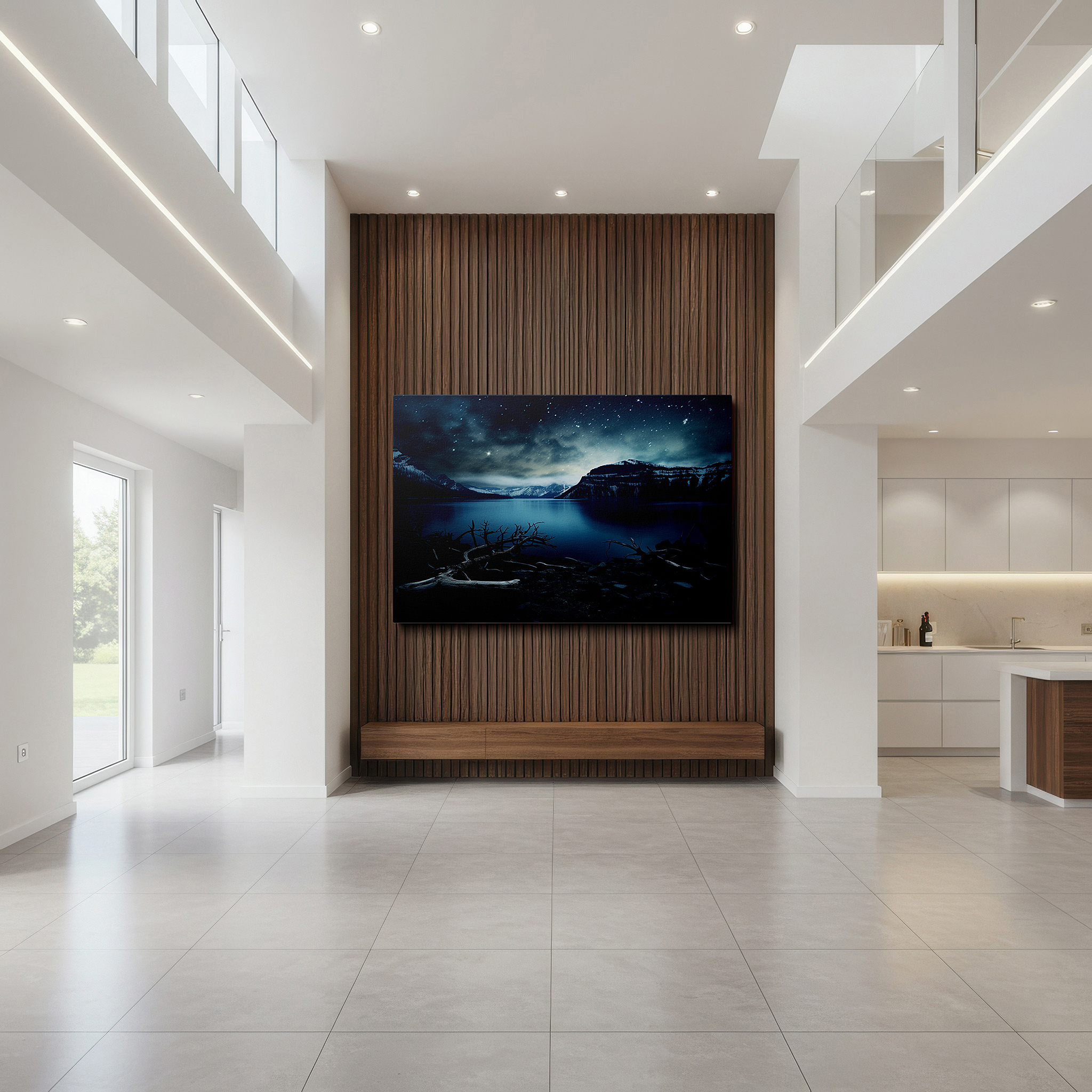 Hung in a cozy reading nook beside a floor lamp and bookshelf — serene lakeside reflections: rugged nature and ethereal light - large canvas wall art for office and bedroom decor