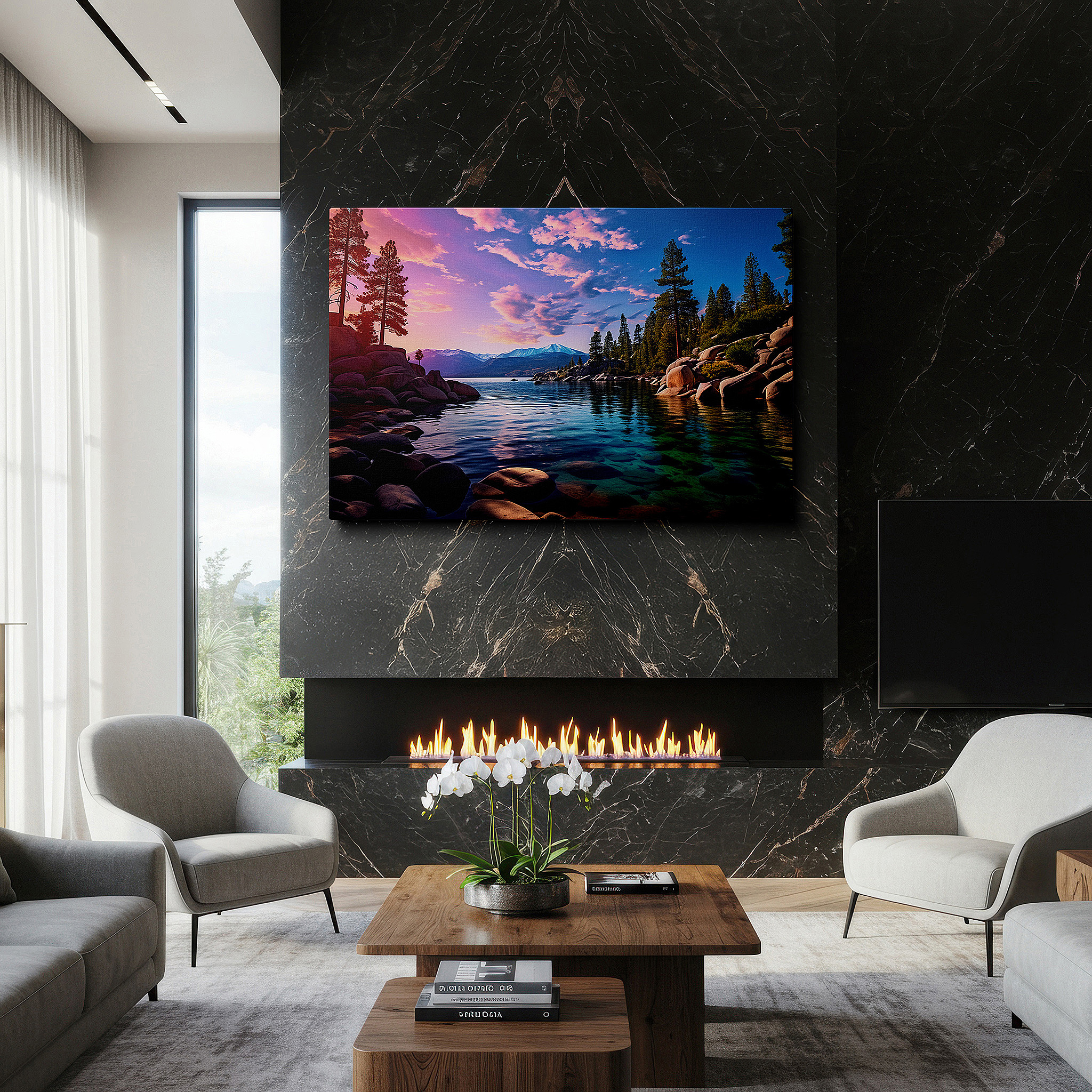 Hung in a cozy reading nook beside a floor lamp and bookshelf — serene lakeside sunset: a tranquil reflection of nature's fiery palette - large canvas wall art for home and office decor