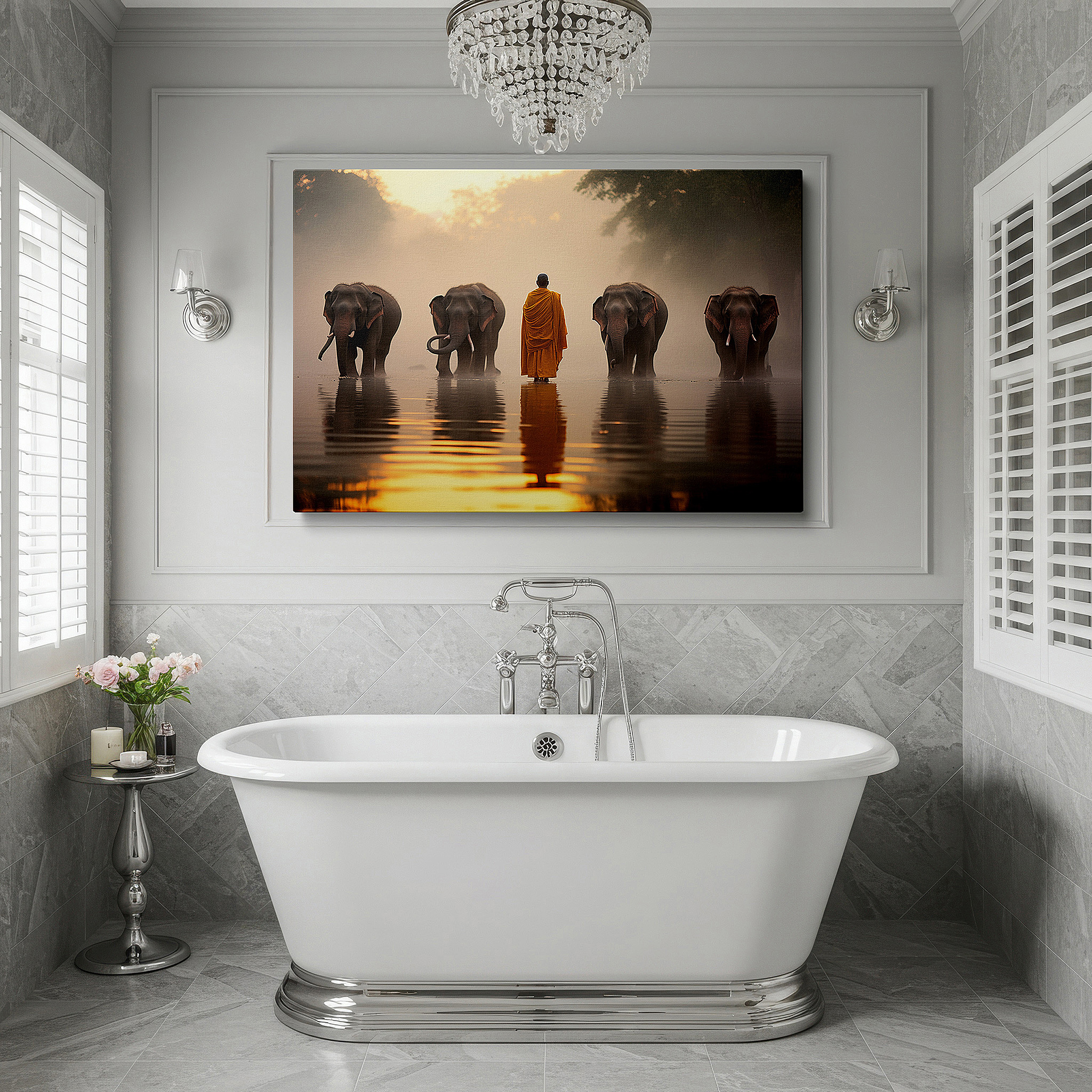 Hung in a cozy reading nook beside a floor lamp and bookshelf — serene monk and majestic elephants at sunset by the misty river wall art - large canvas decor for office, bedroom, and living room