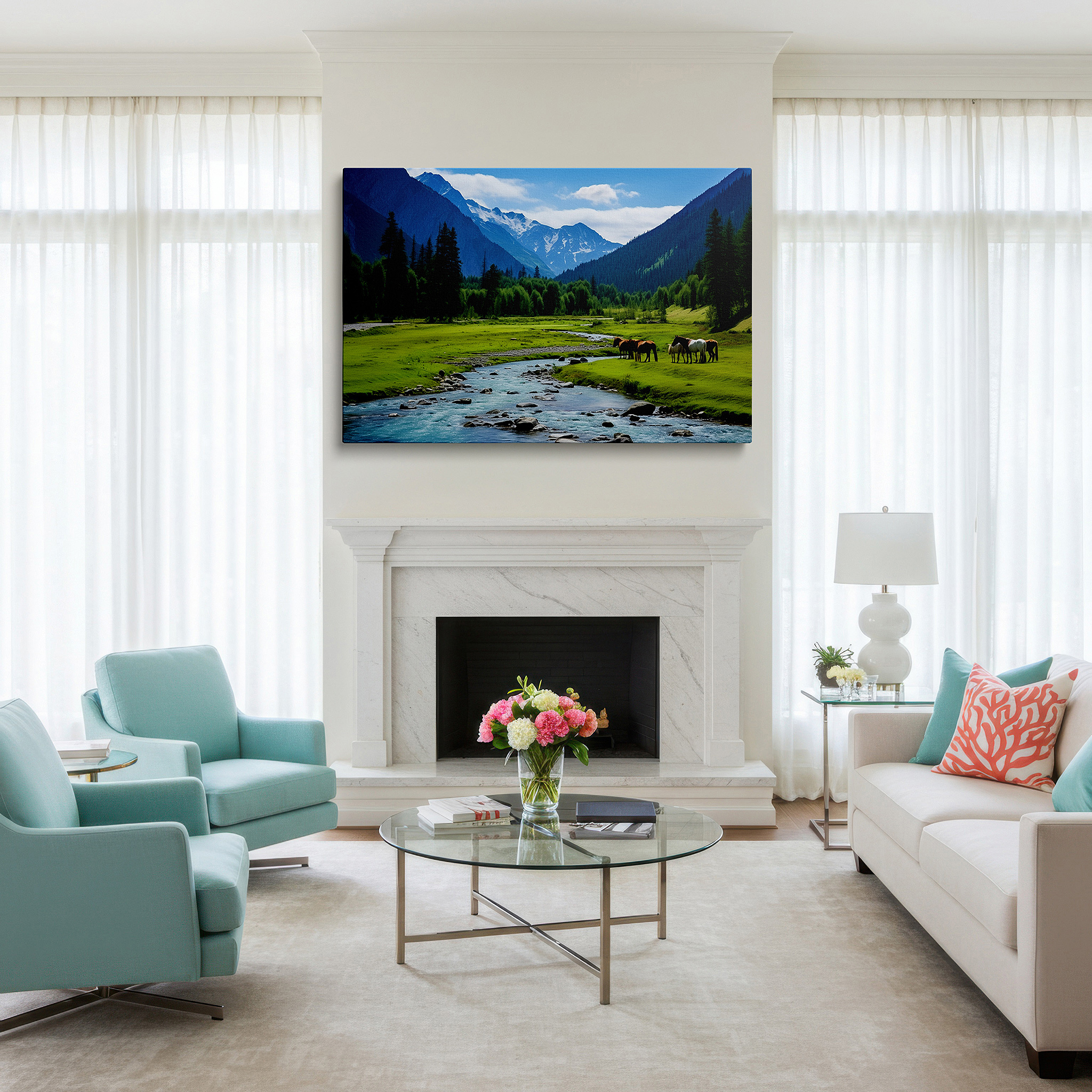 Hung in a cozy reading nook beside a floor lamp and bookshelf — serene mountain valley and horses near glacial river - large canvas wall art for office, bedroom, and living room decor