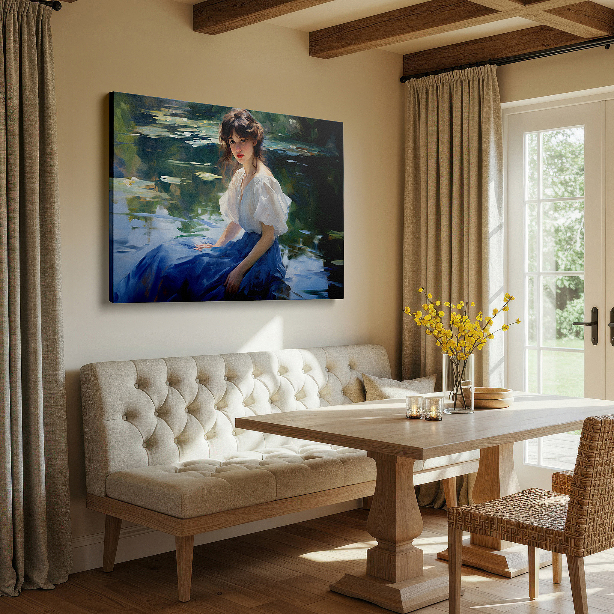 Hung in a cozy reading nook beside a floor lamp and bookshelf — serene reflections of a young woman by a tranquil pond: large canvas wall art for office and bedroom decor