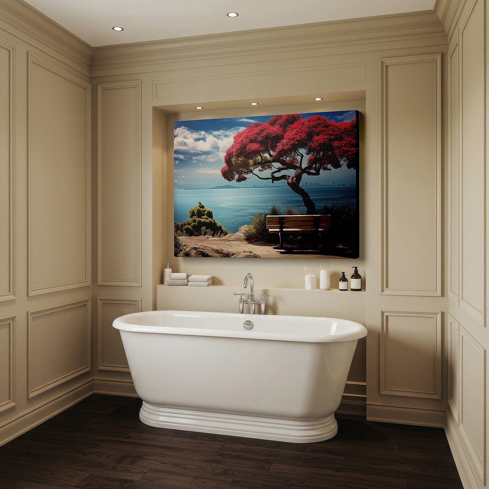 Hung in a cozy reading nook beside a floor lamp and bookshelf — serene seaside view with red tree and bench large canvas wall art, decorative wall art for office, bedroom, and living room