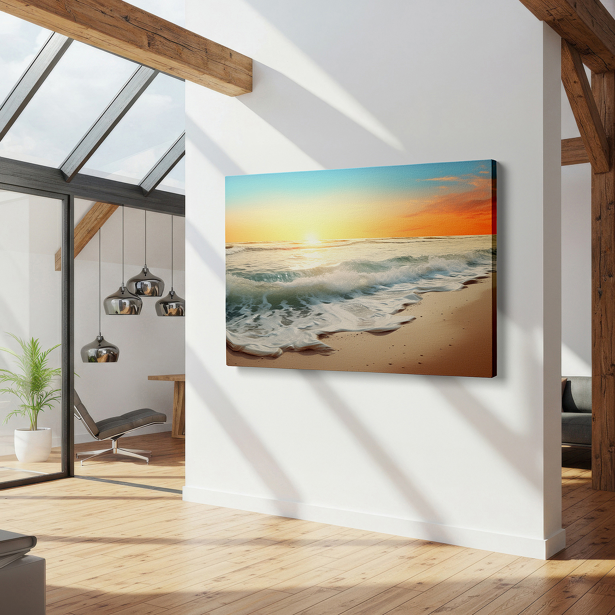Hung in a cozy reading nook beside a floor lamp and bookshelf — serene shoreline at sunset: tranquil orange and blue hues, large canvas wall art for office and bedroom decor