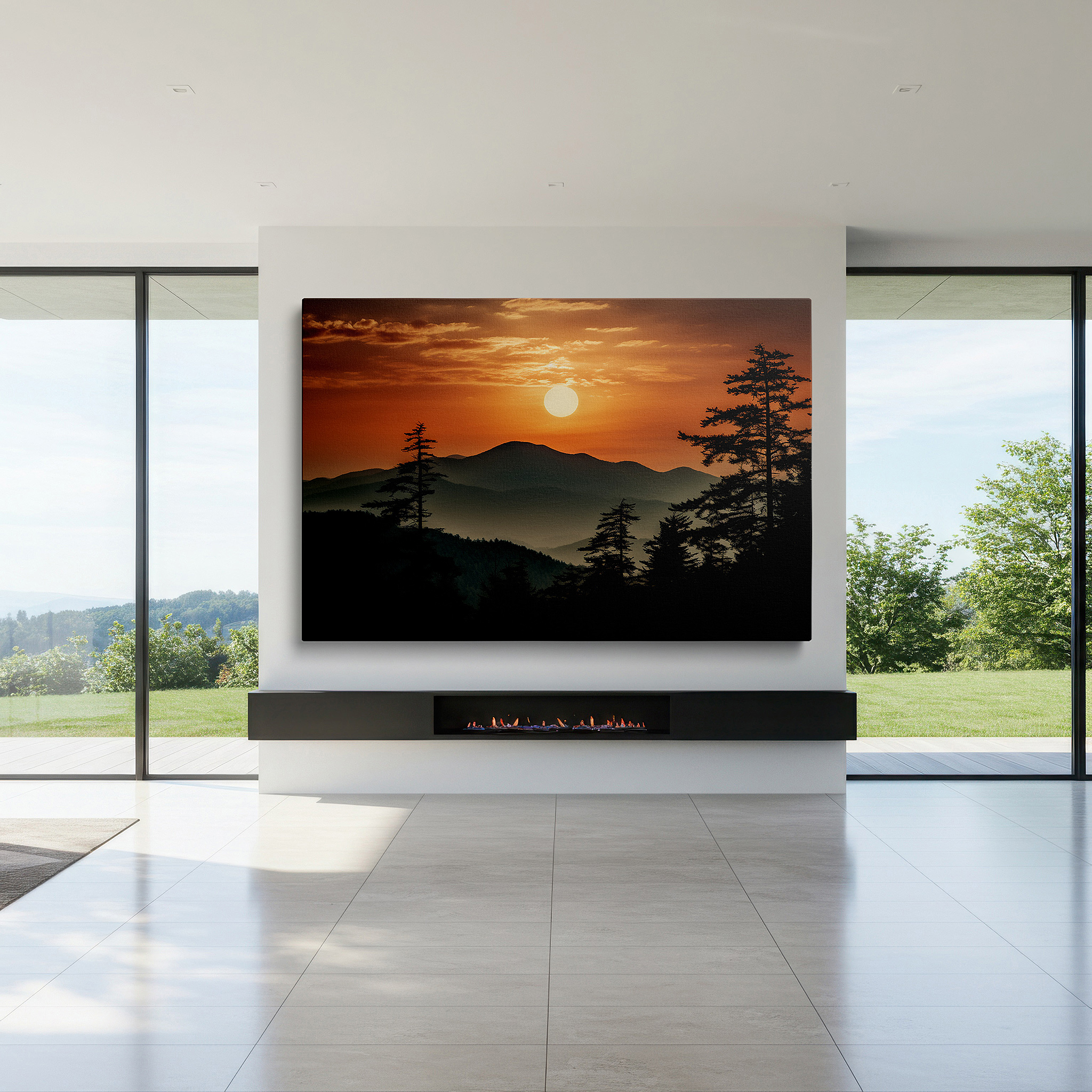 Hung in a cozy reading nook beside a floor lamp and bookshelf — serene sunset majesty: fiery hues and silhouetted trees - large canvas wall art for office, bedroom, and living room decor