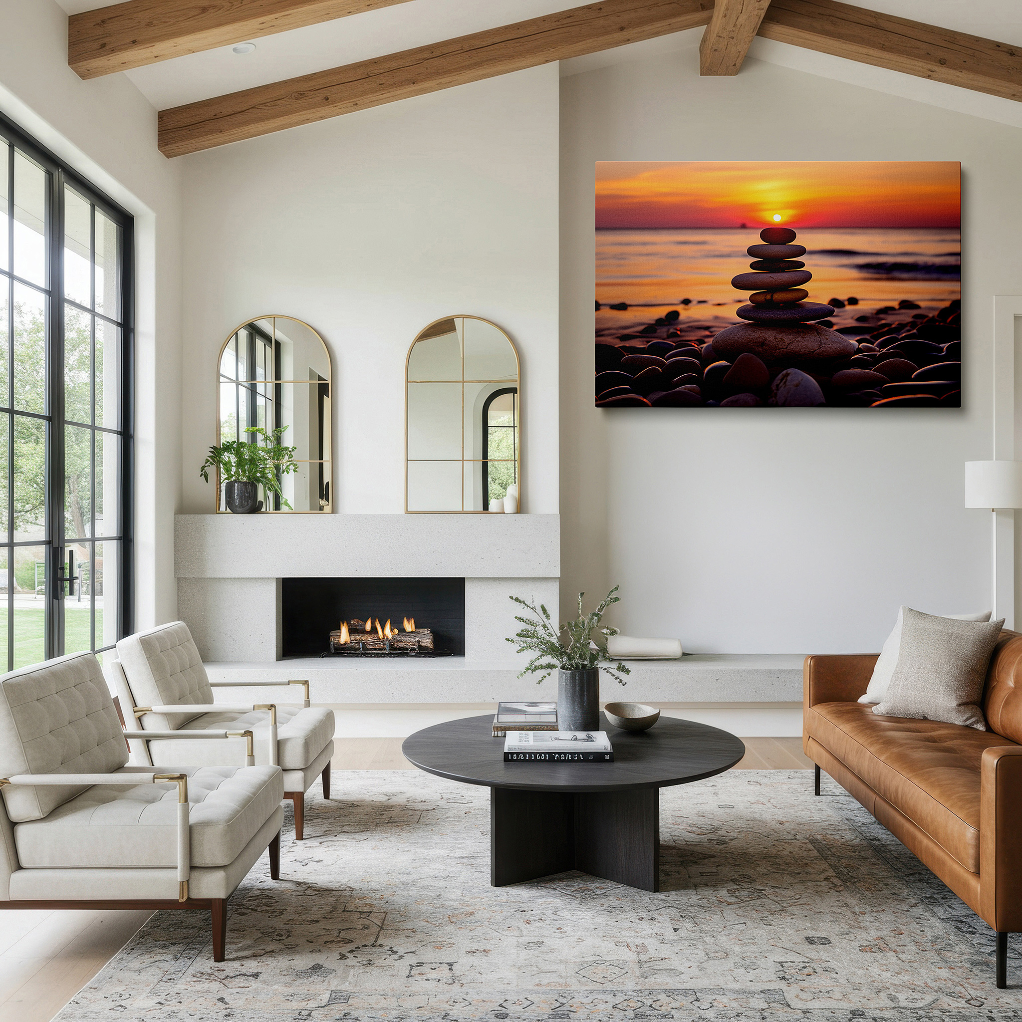 Hung in a cozy reading nook beside a floor lamp and bookshelf — serene sunset at pebble beach featuring balanced stones, symbolizing harmony and peace - large canvas wall art for home and office decor
