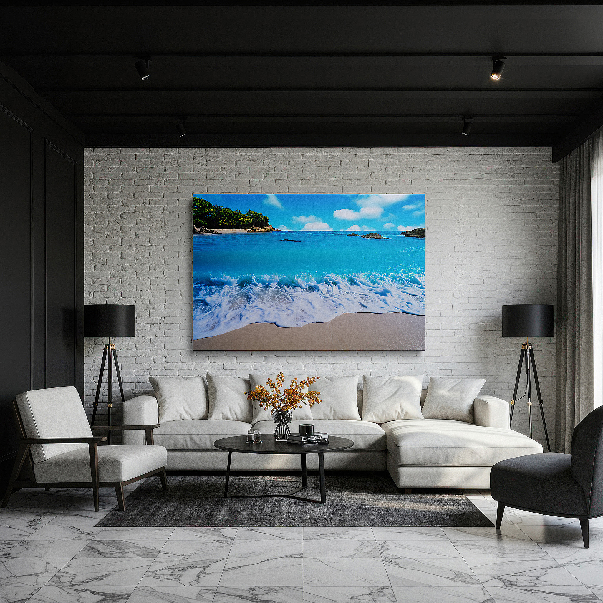 Hung in a cozy reading nook beside a floor lamp and bookshelf — serene tropical paradise wall art featuring crystal-clear waters and pristine sands - perfect for office or bedroom decor