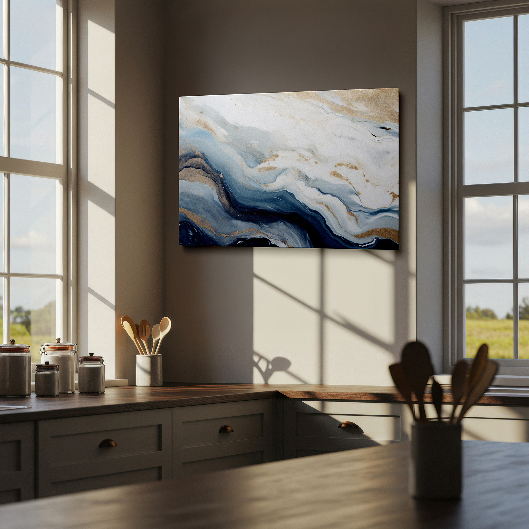 Hung in a cozy reading nook beside a floor lamp and bookshelf — serenity and sophistication: ethereal blues with golden accents - large wall art for office and bedroom decor