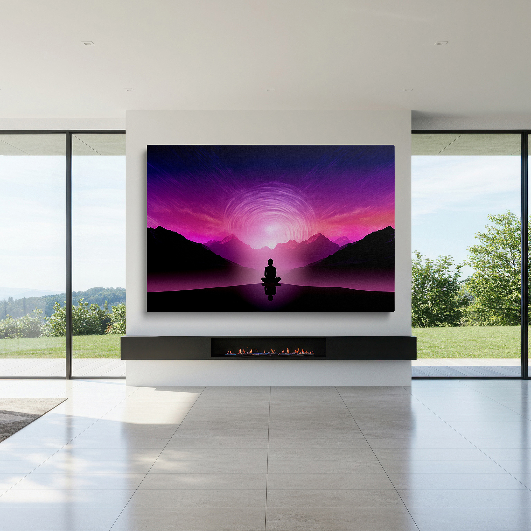 Hung in a cozy reading nook beside a floor lamp and bookshelf — spiritual reflection and dynamic energy in abstract mountain vistas: meditative solitude large wall art, canvas wall art, wall decor