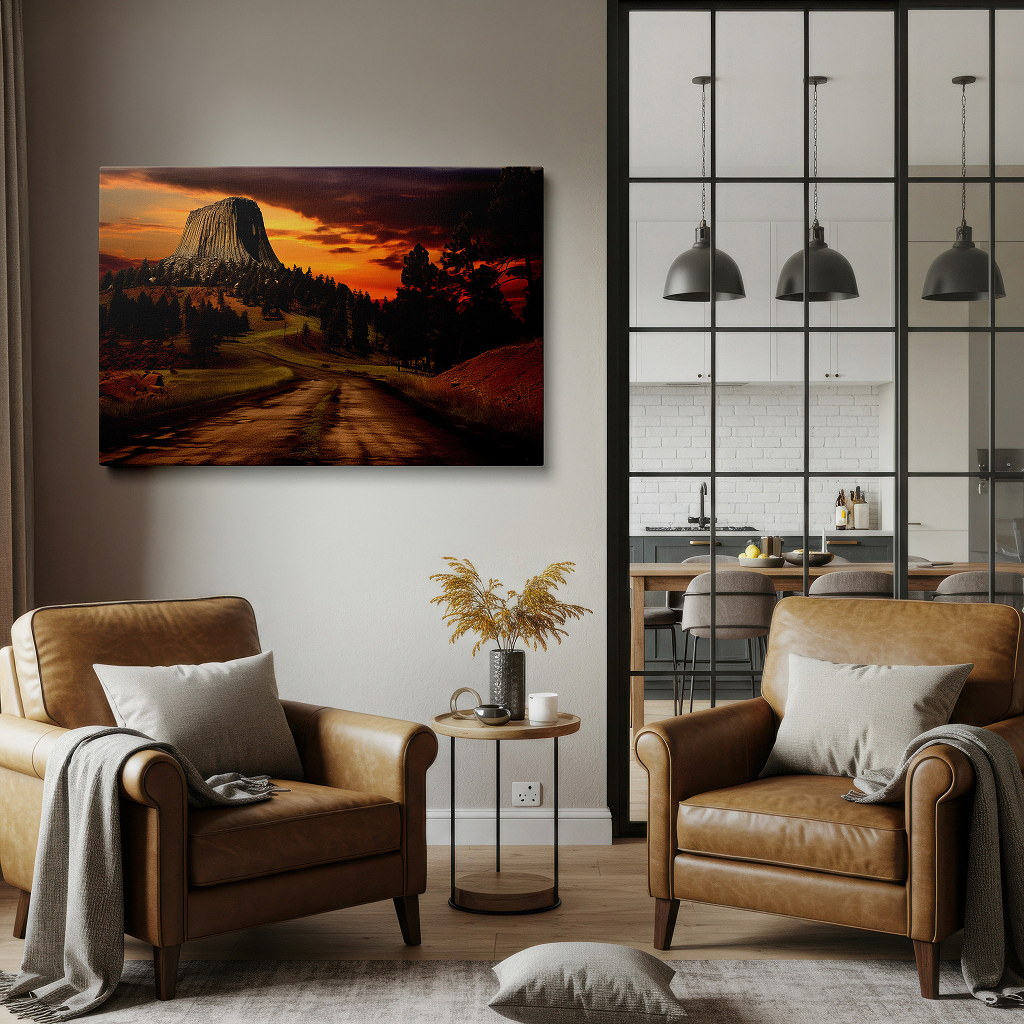 Hung in a cozy reading nook beside a floor lamp and bookshelf — stunning rock formation and sunset sky large wall art, canvas wall art, wall decor for office, bedroom, and living room