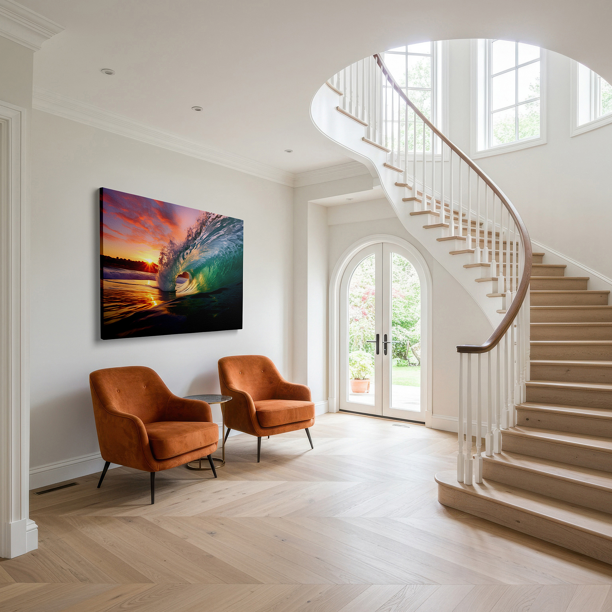 Hung in a cozy reading nook beside a floor lamp and bookshelf — sunset wave spectrum - vibrant ocean blues and warm sky tones large wall art, canvas wall art, wall decor for office and bedroom