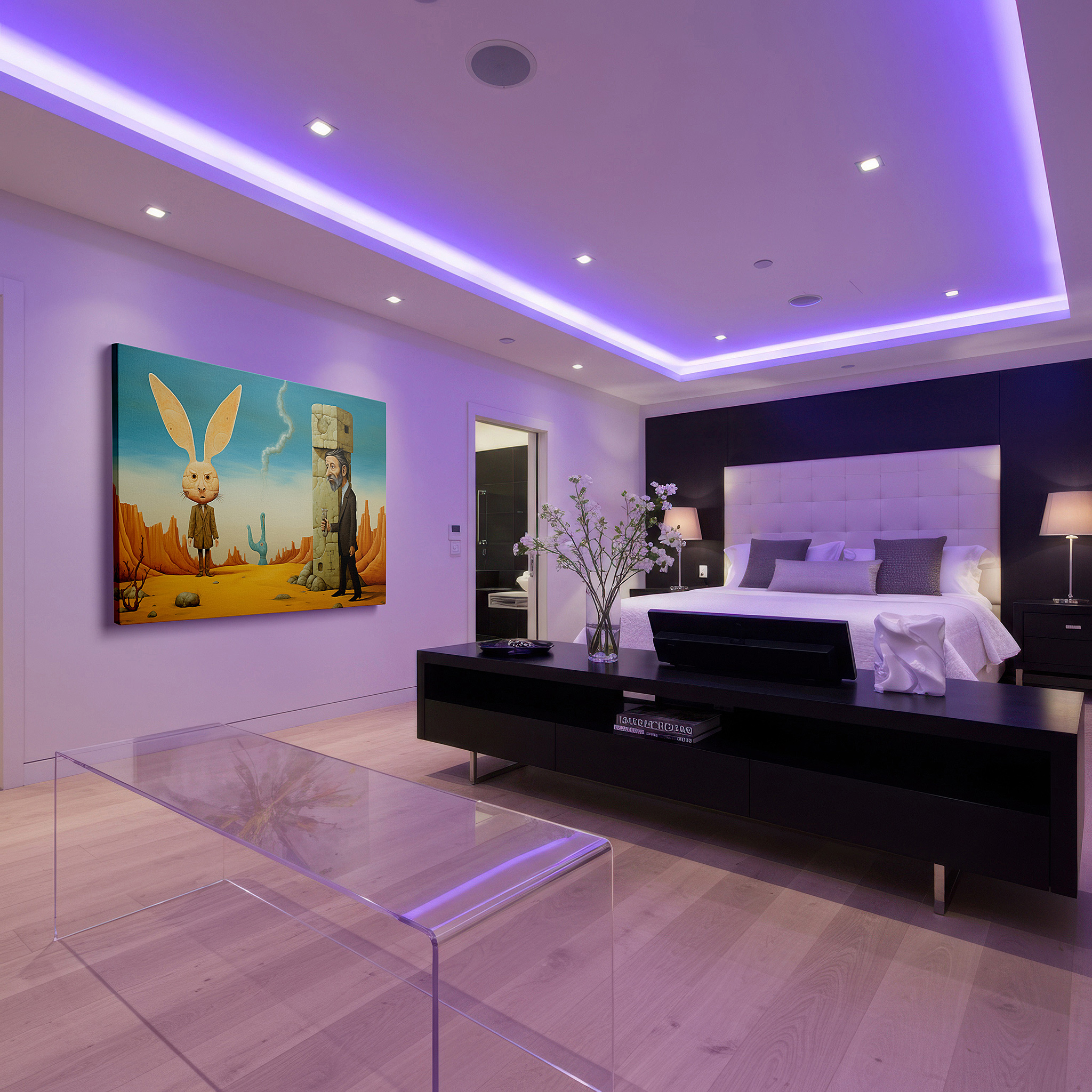 Hung in a cozy reading nook beside a floor lamp and bookshelf — surreal desert scene featuring human-like rabbits and people, large canvas wall art for home and office decor