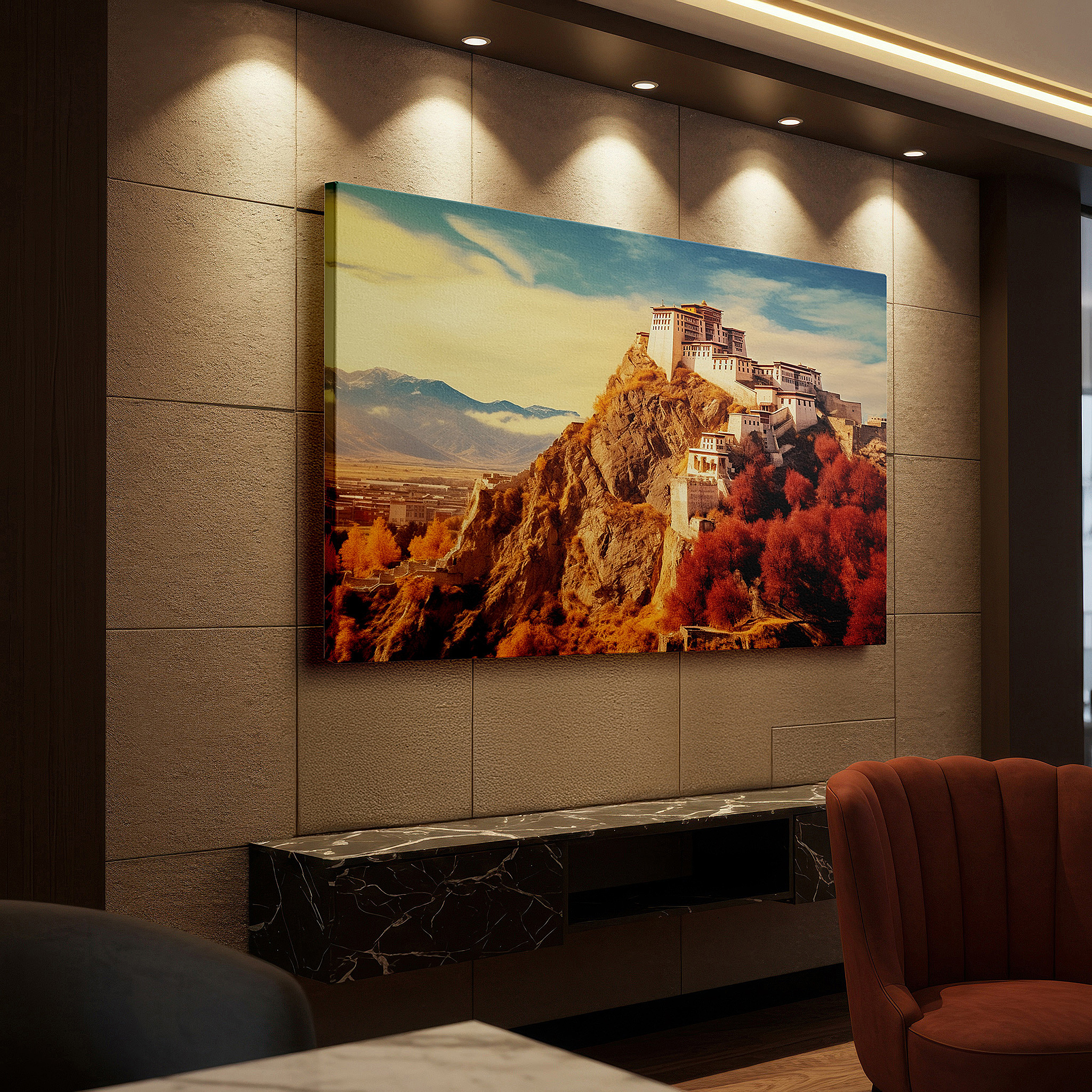 Hung in a cozy reading nook beside a floor lamp and bookshelf — tibetan monastery in autumn splendor wall art: a sanctuary of enlightenment and tranquility - large canvas wall decor for office