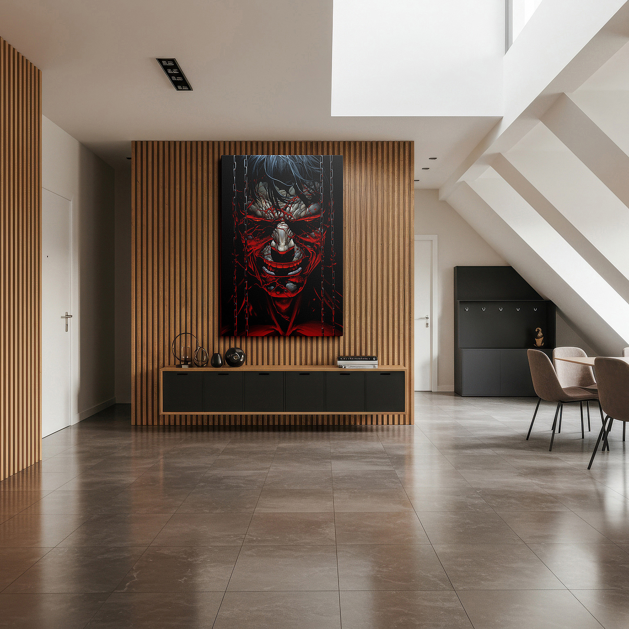 Hung in a cozy reading nook beside a floor lamp and bookshelf — tormented soul bound by chains of despair in a stark landscape: large canvas wall art for office and bedroom decor