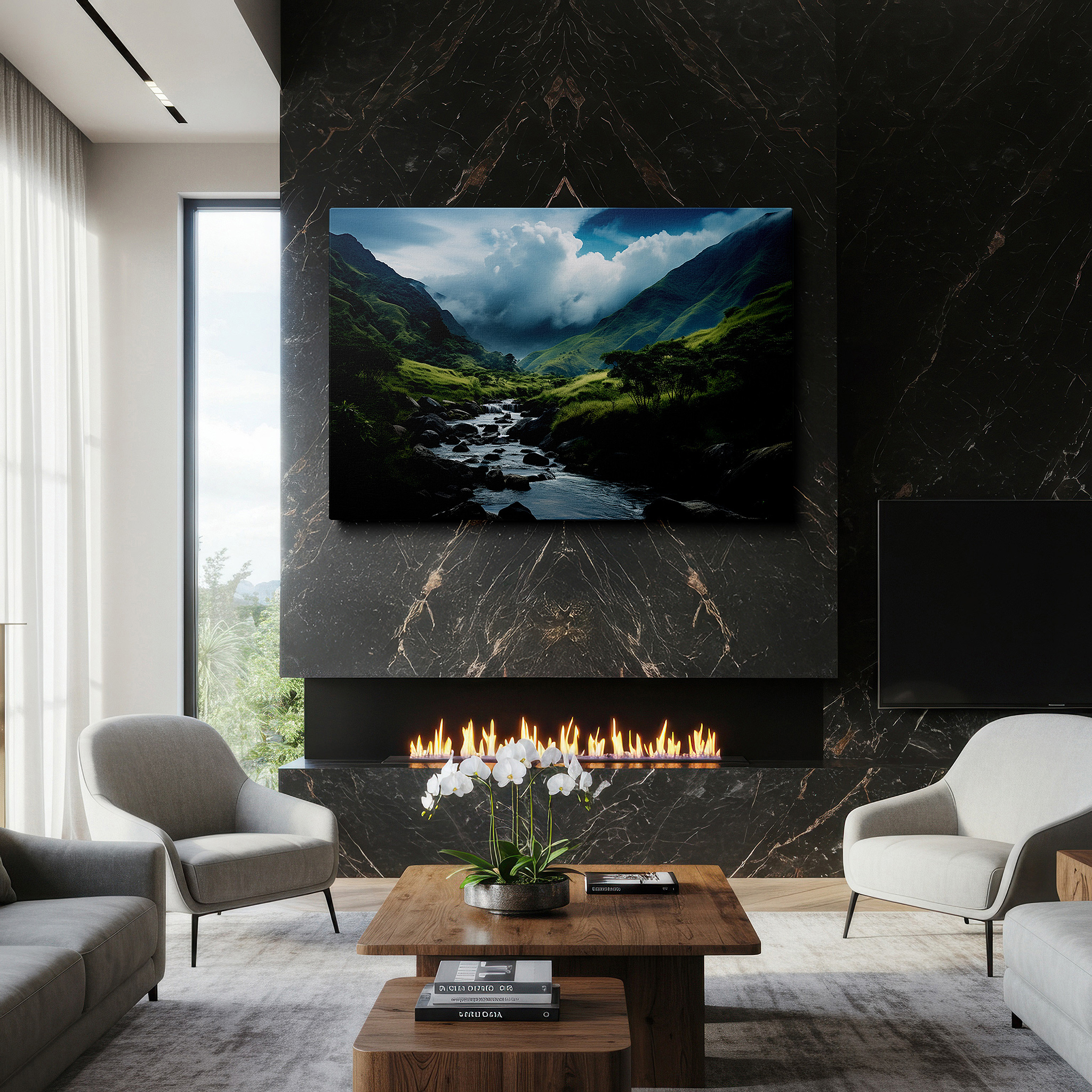 Hung in a cozy reading nook beside a floor lamp and bookshelf — tranquil valley and majestic mountains with vibrant river flow large wall art, canvas wall art, wall decor for office, bedroom, and living room