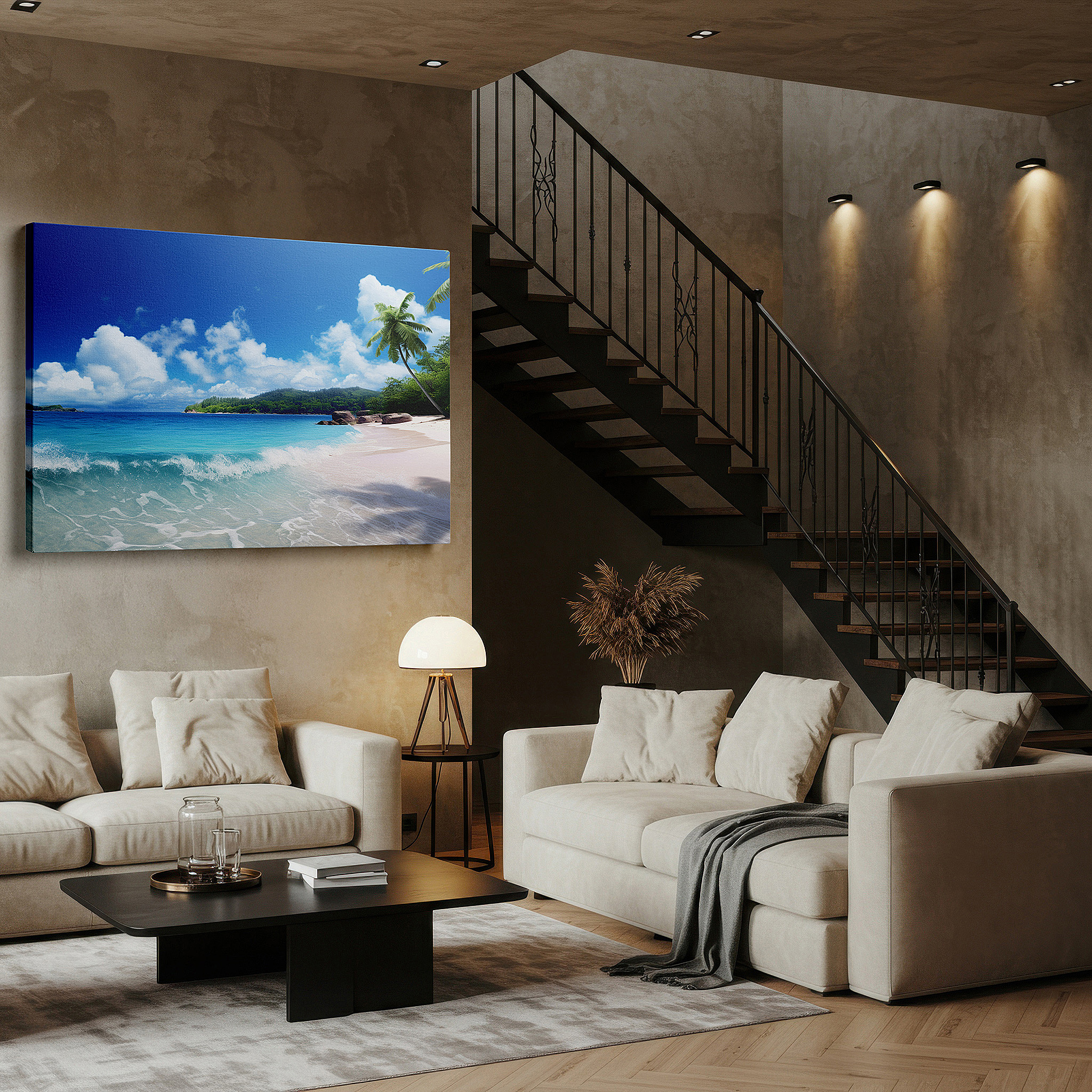 Hung in a cozy reading nook beside a floor lamp and bookshelf — tropical serenity: large wall art featuring turquoise waters and white sands for office and bedroom decor