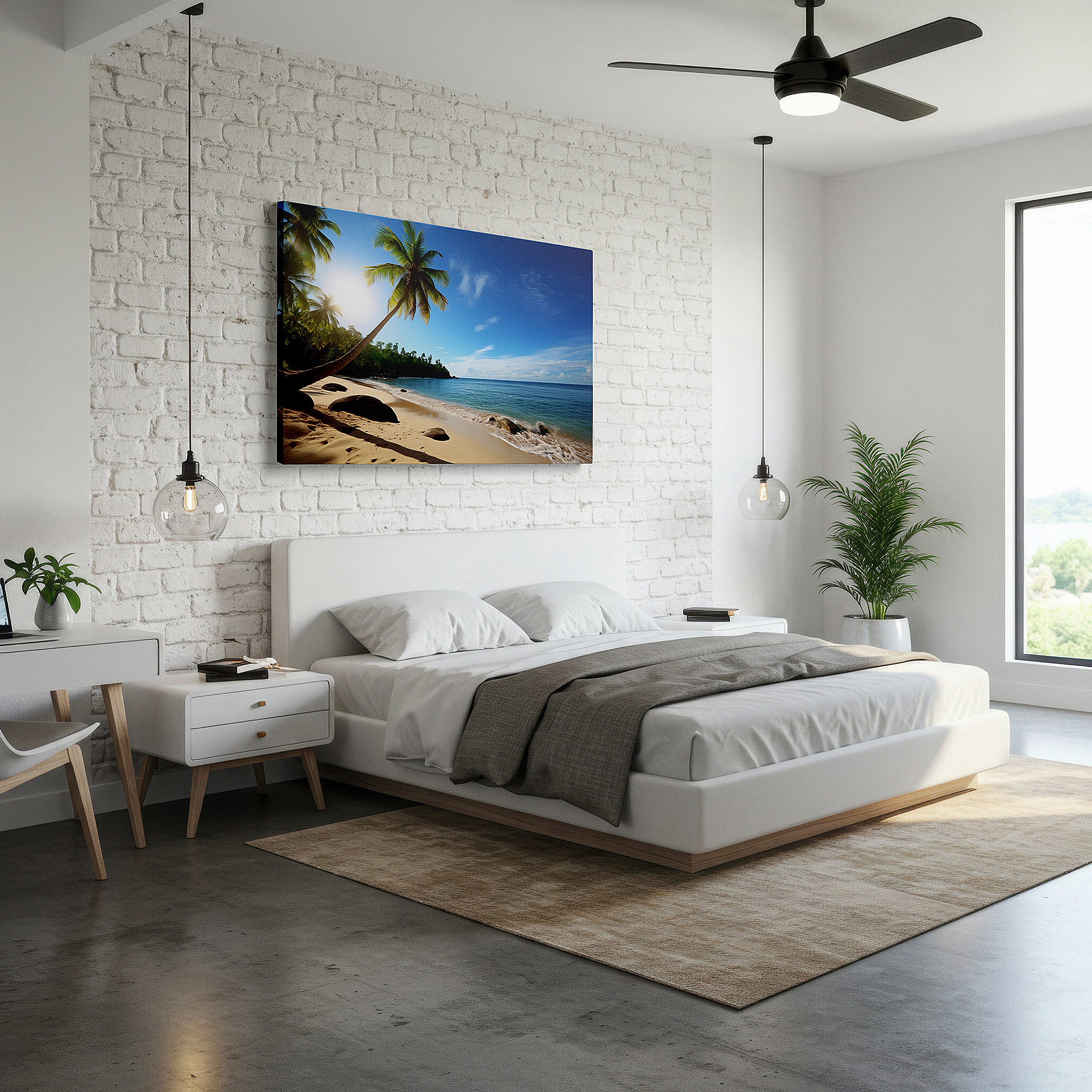 Hung in a cozy reading nook beside a floor lamp and bookshelf — tropical serenity wall art featuring dancing palm fronds and golden sands, large canvas for home and office decor
