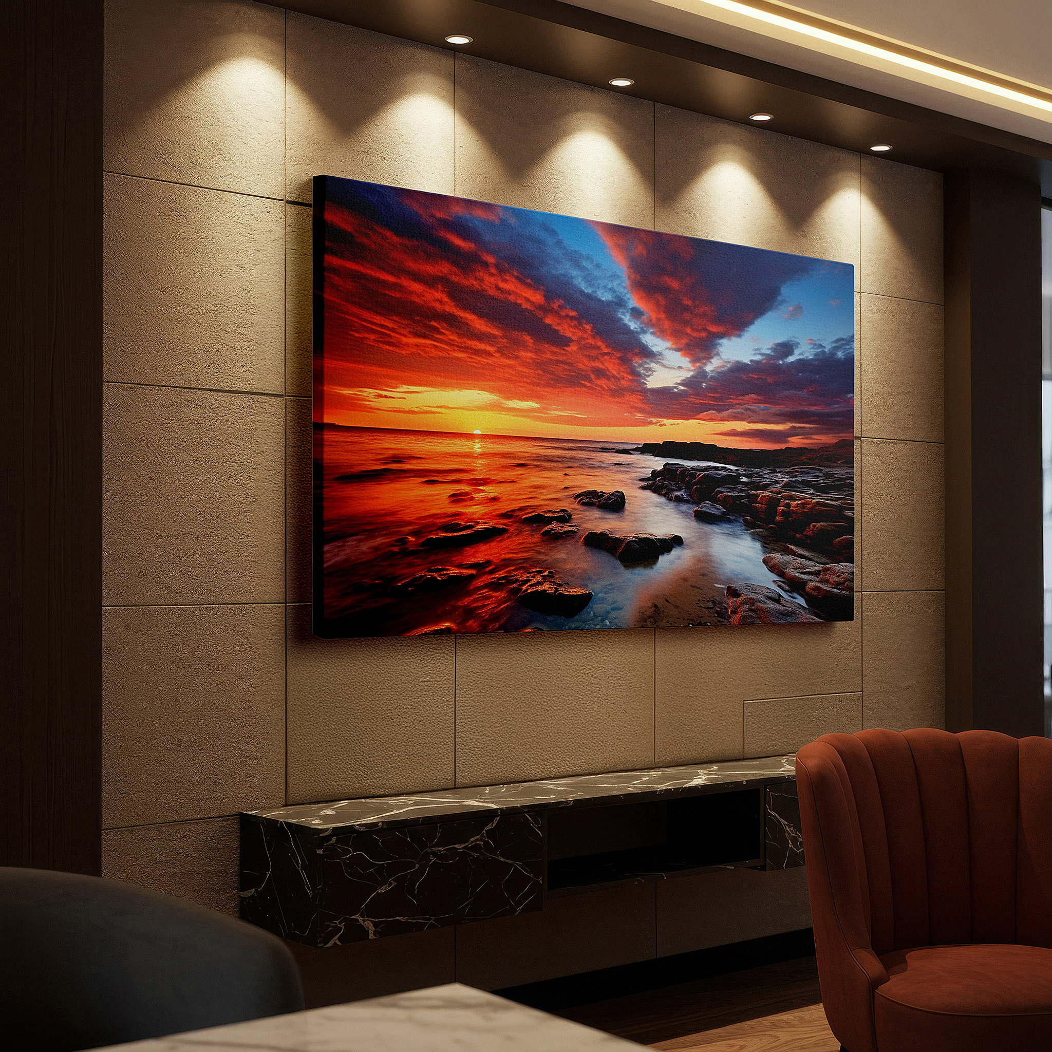 Hung in a cozy reading nook beside a floor lamp and bookshelf — twilight symphony: light and shadows over rugged shoreline - large canvas wall art for office decor
