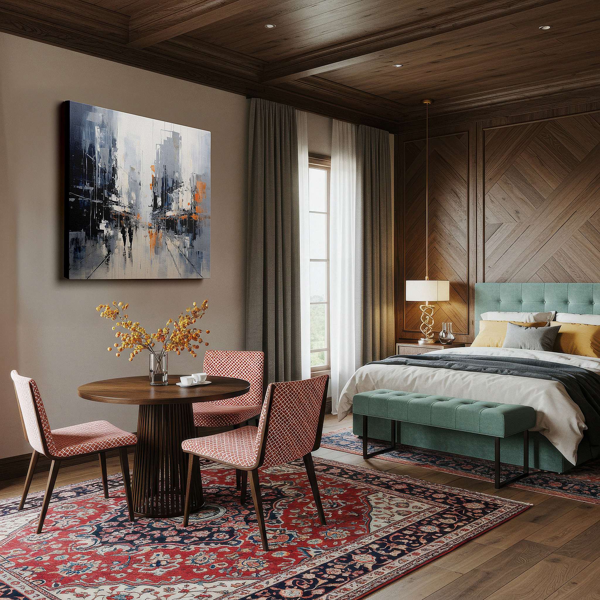 Hung in a cozy reading nook beside a floor lamp and bookshelf — urban friendship amidst bright city colors large wall art, canvas wall art, wall decor, office wall art, bedroom wall art, living room wall art