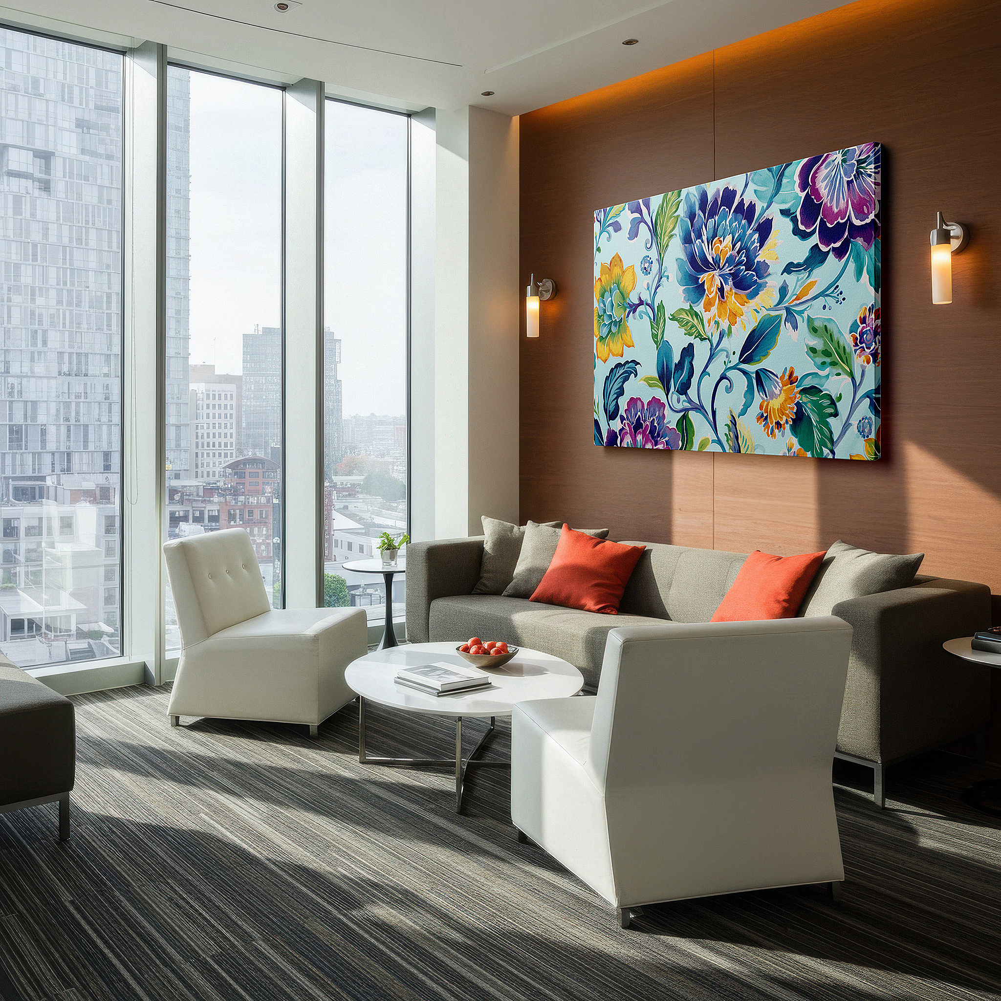 Hung in a cozy reading nook beside a floor lamp and bookshelf — vibrant floral symphony in blues, yellows, and greens: large canvas wall art for office, bedroom, and living room decor