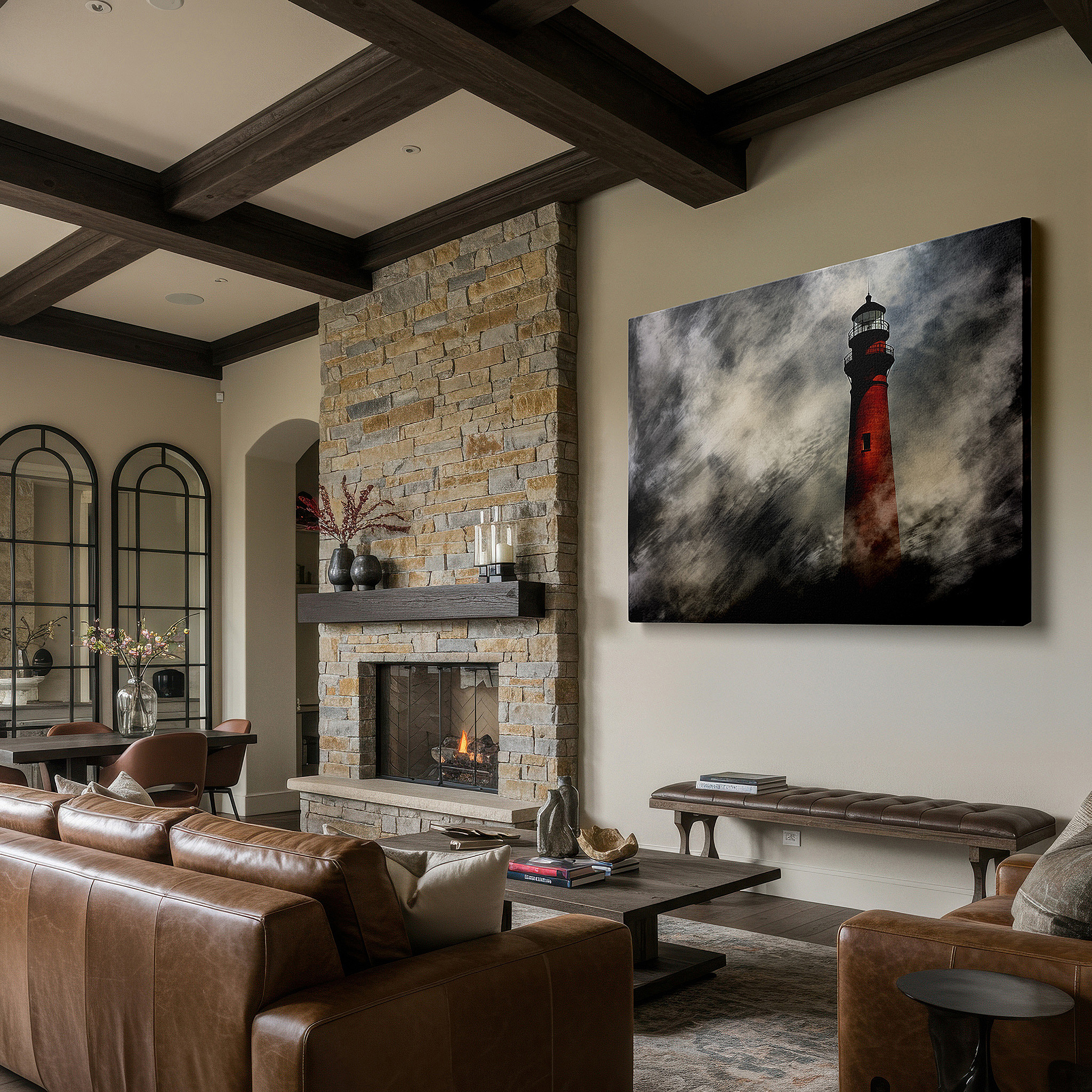 Hung in a cozy reading nook beside a floor lamp and bookshelf — vibrant red lighthouse - a symbol of resilience under stormy skies large wall art, canvas wall art, wall decor, office wall art, bedroom wall art