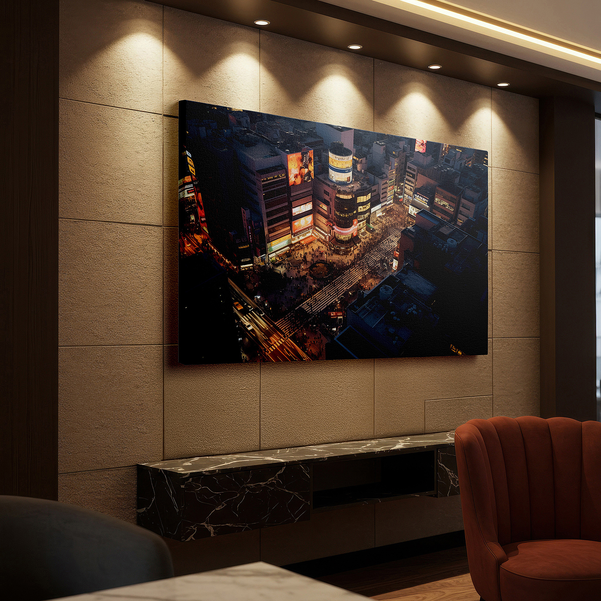 Hung in a cozy reading nook beside a floor lamp and bookshelf — vibrant urban intersection at night - a symphony of lights and life: large wall art, canvas, decor for office and bedroom