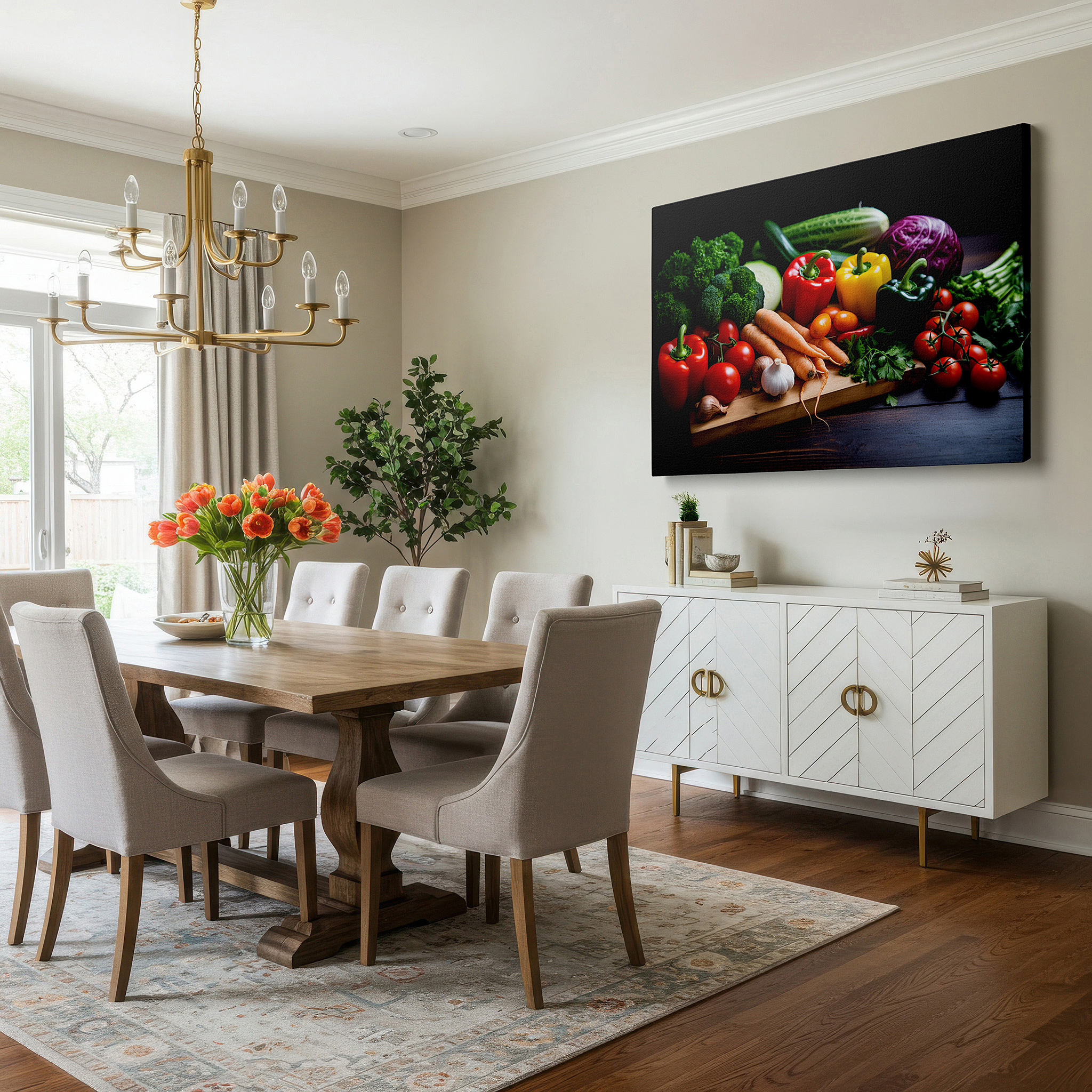 Hung in a cozy reading nook beside a floor lamp and bookshelf — vibrant vegetables displayed on a rustic table - celebrating freshness and natural beauty, large wall art, canvas wall art, wall decor for office