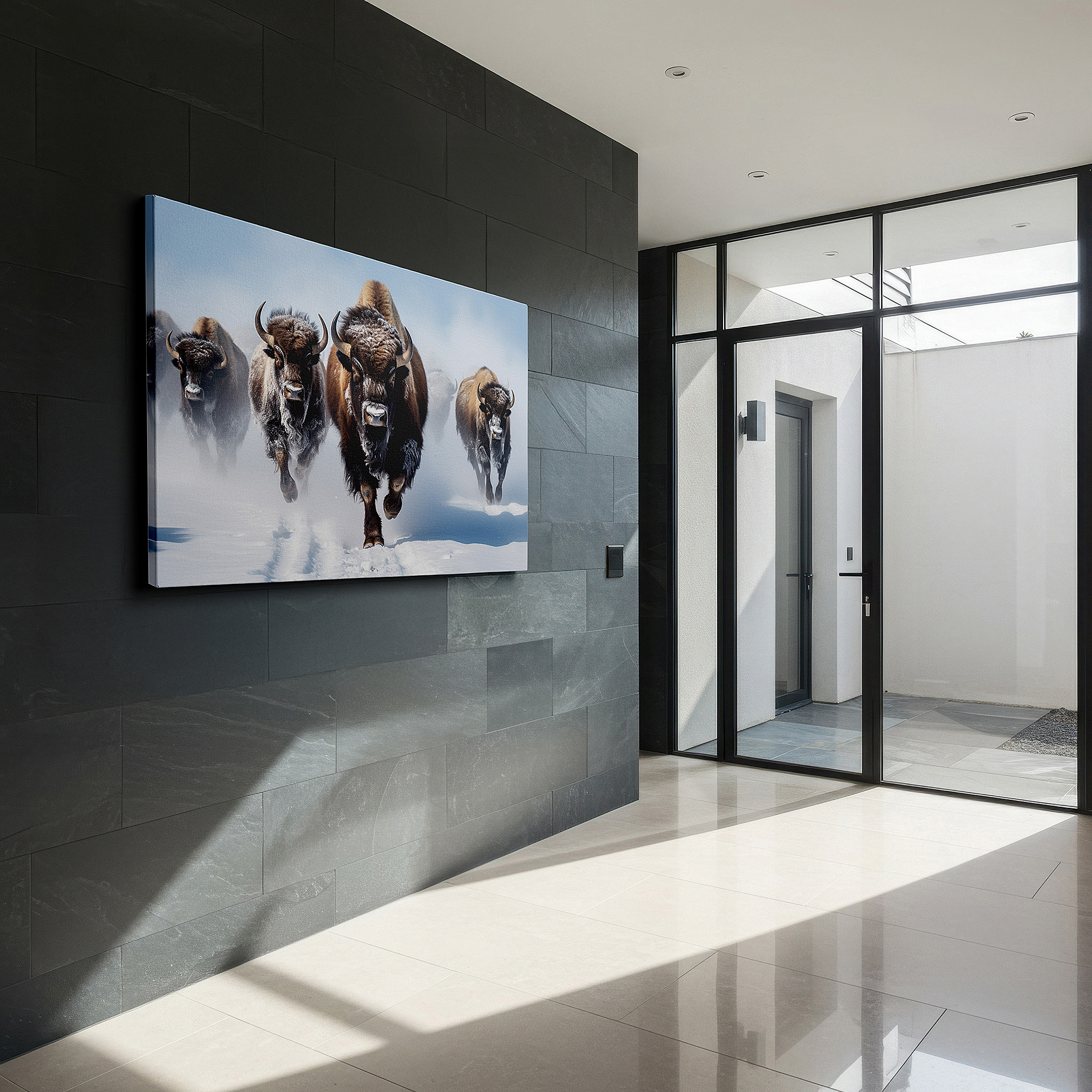 Hung in a cozy reading nook beside a floor lamp and bookshelf — wall art: dynamic bison charge across snow-covered plains - large canvas wall art for office, bedroom, and living room decor