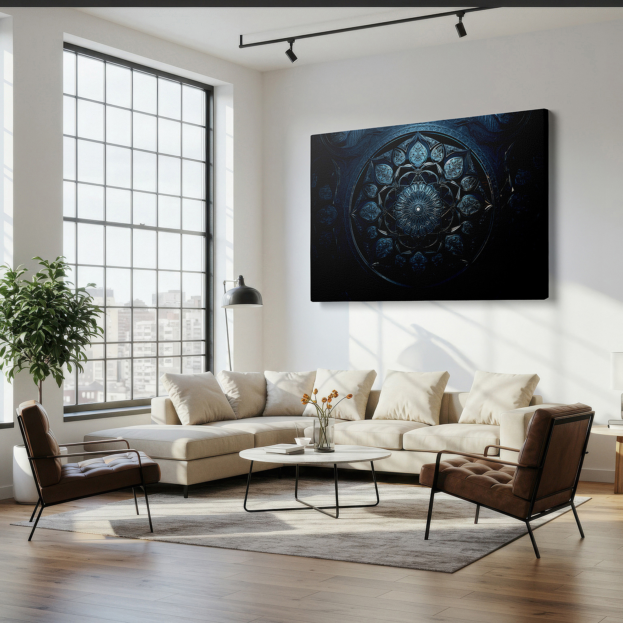 Hung in a cozy reading nook beside a floor lamp and bookshelf — wall art: large deep blue mandala featuring floral motifs, symbolizing infinity and the eternal cycle of life - canvas wall art for office decor